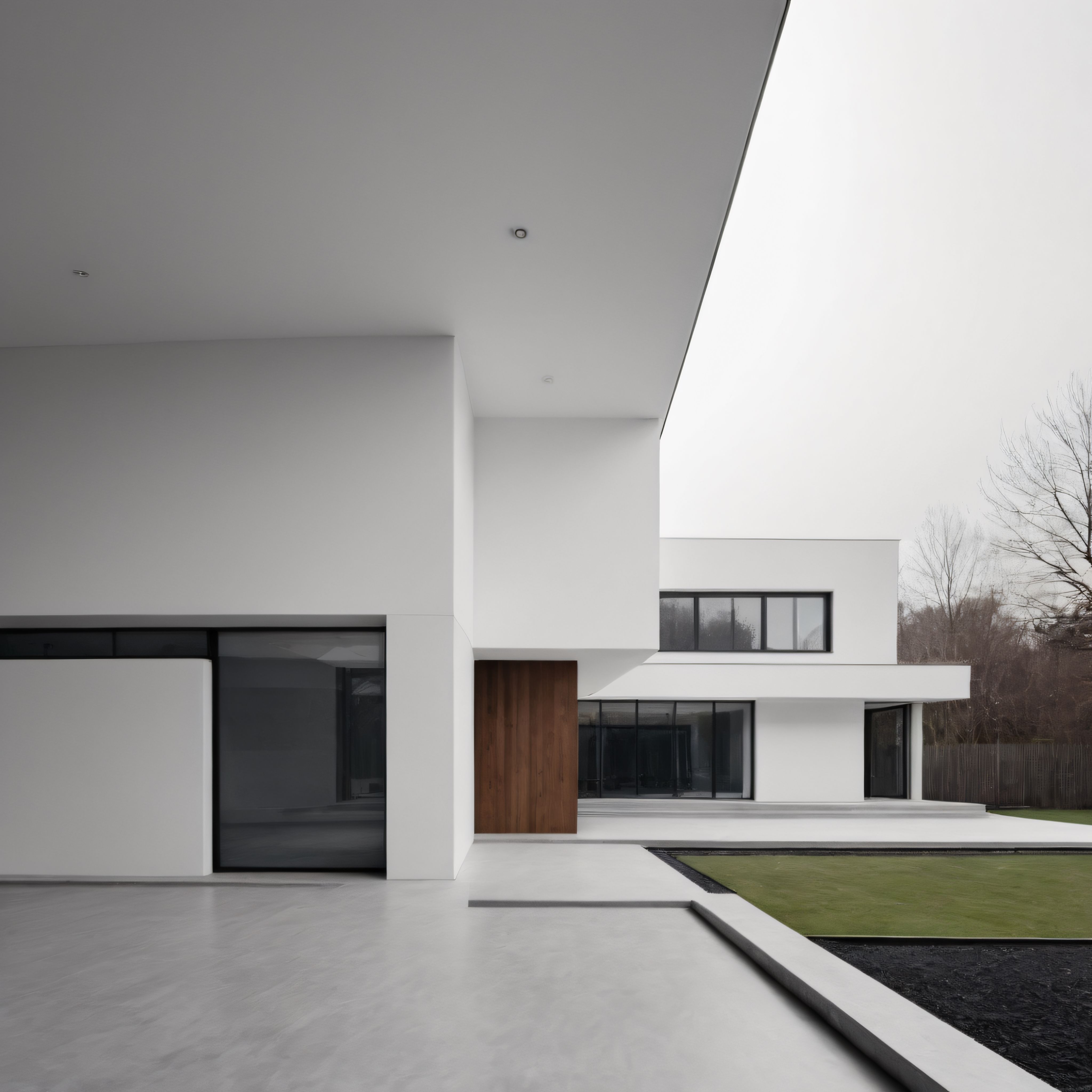 Hafif Bulutlu Havada Geometrik Hatlarıyla Modern Beyaz Villa ve Minimalist Bahçe