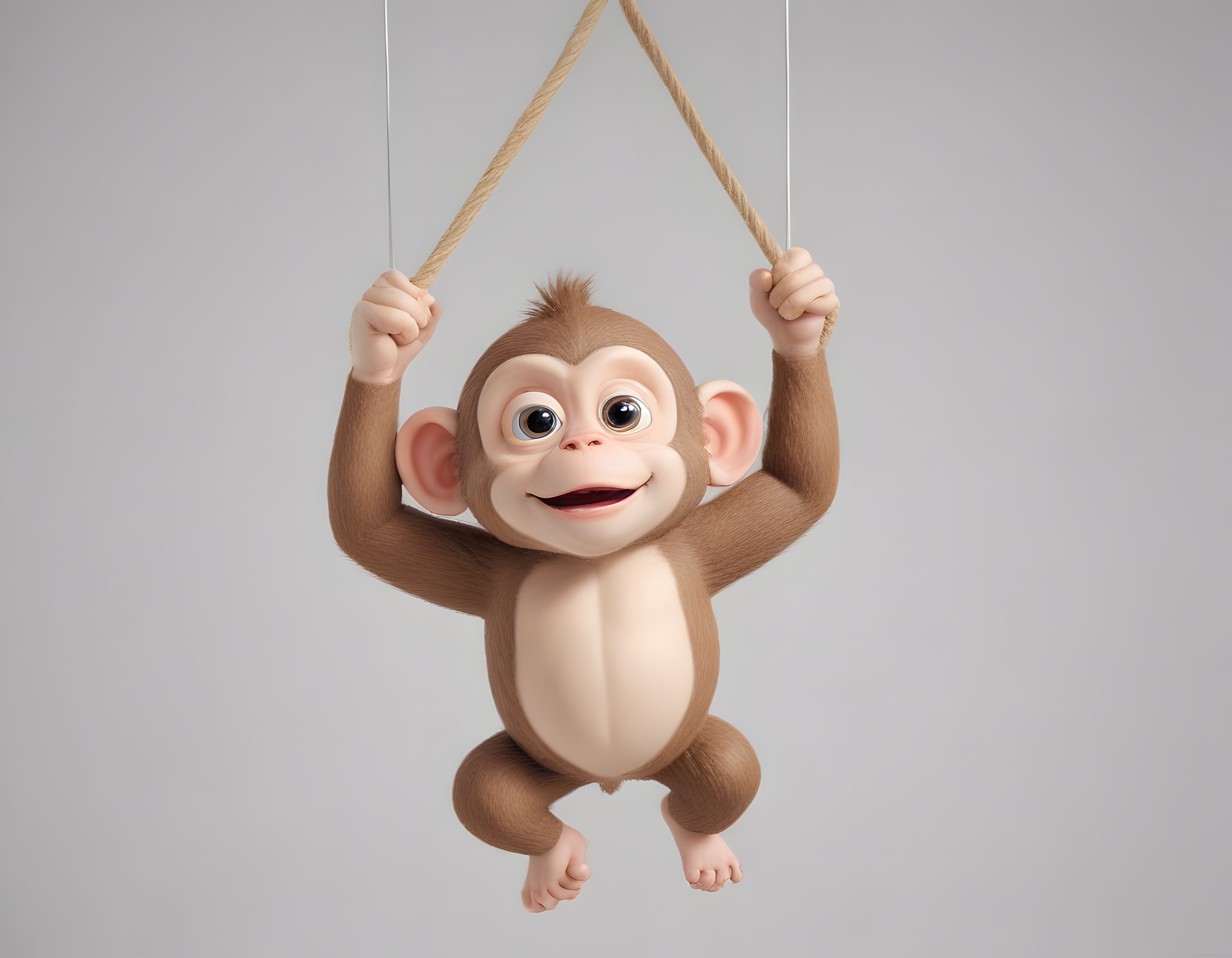 Halattan Sallanan Masum 3D Animasyon Maymunu ve Gri Stüdyo Arka Planı