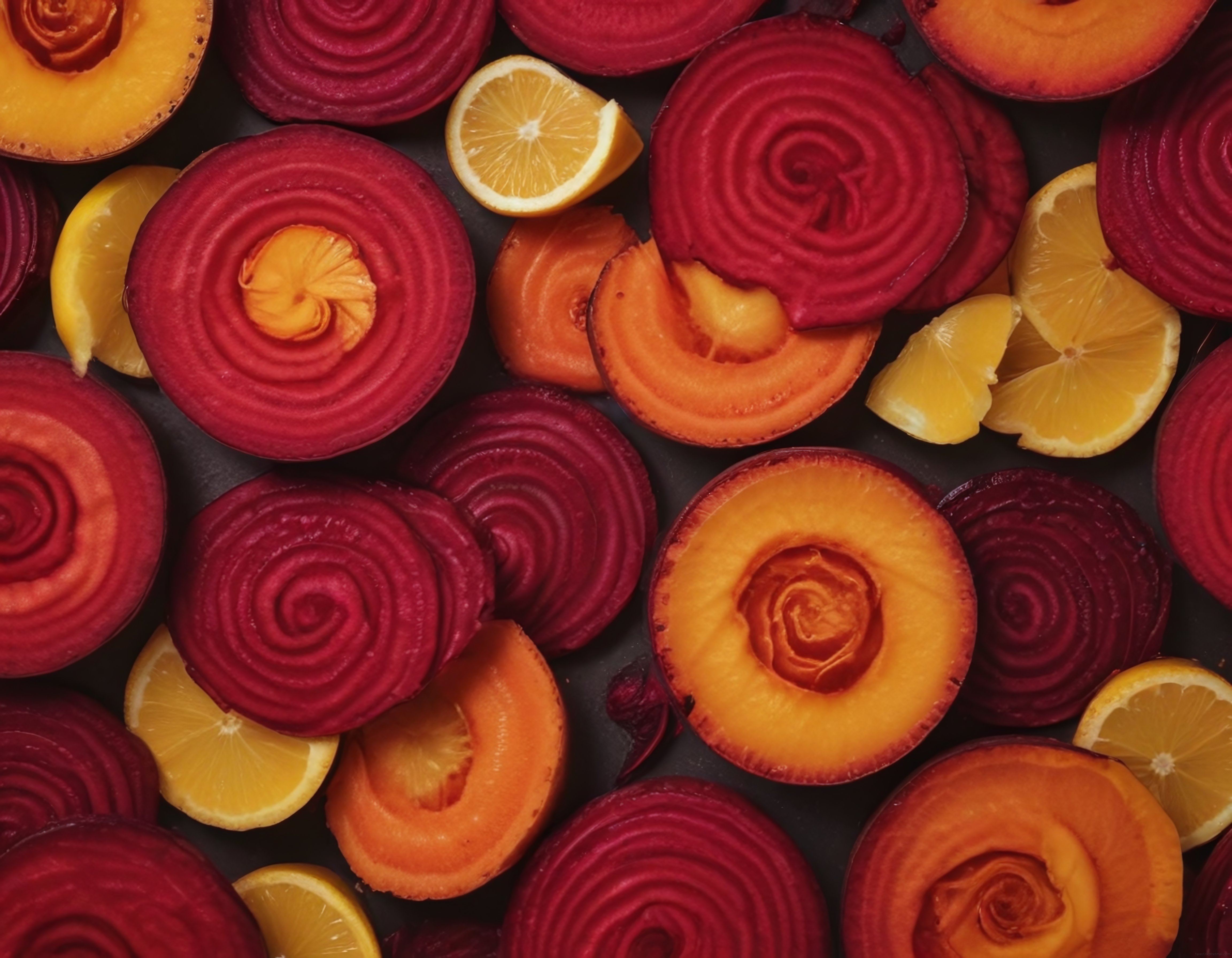 Halka halka dilimlenmiş kırmızı ve sarı pancarlar ile limon dilimleri