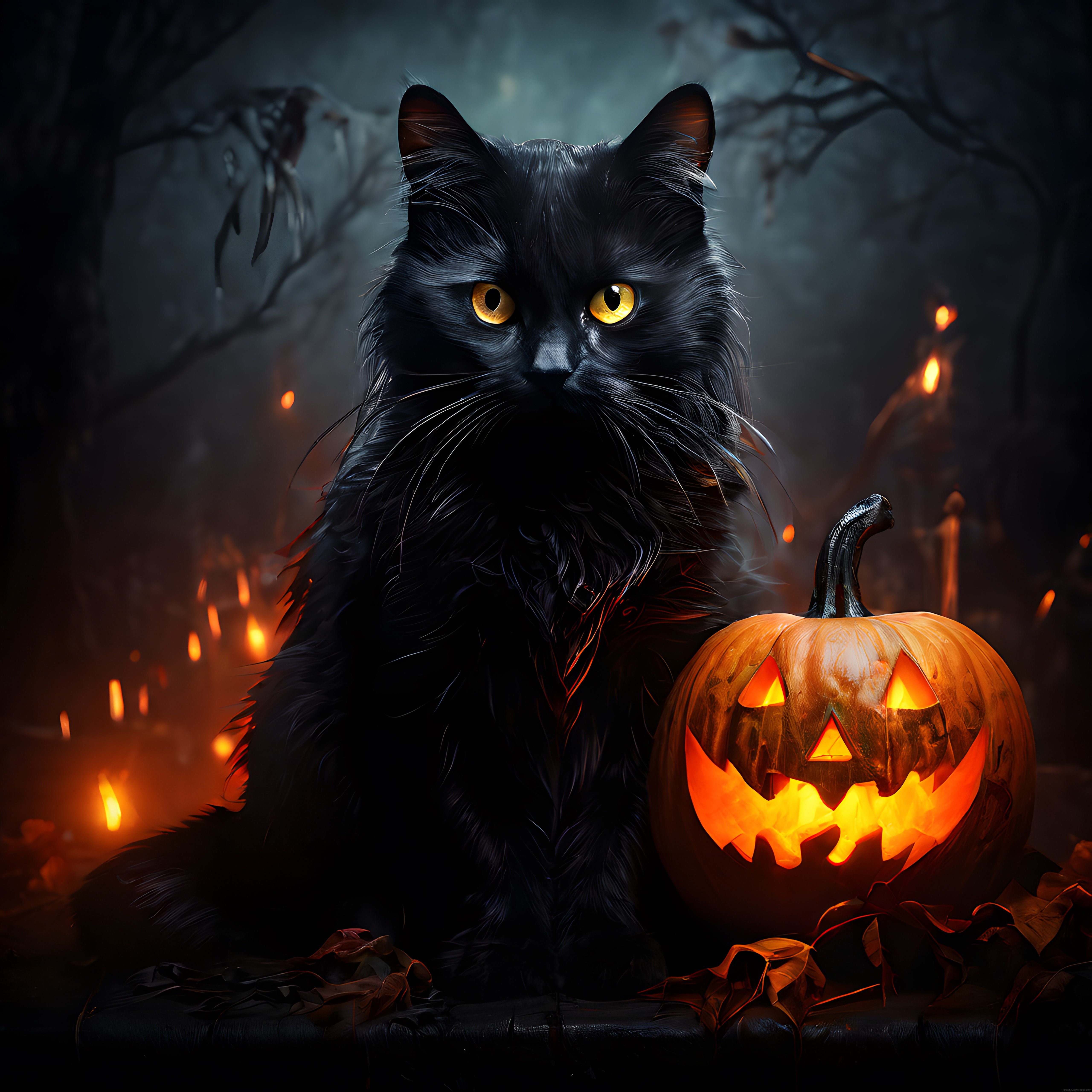 Halloween Gecesinde Parıldayan Gözleriyle Gizemli Siyah Kedi ve Balkabağı Feneri