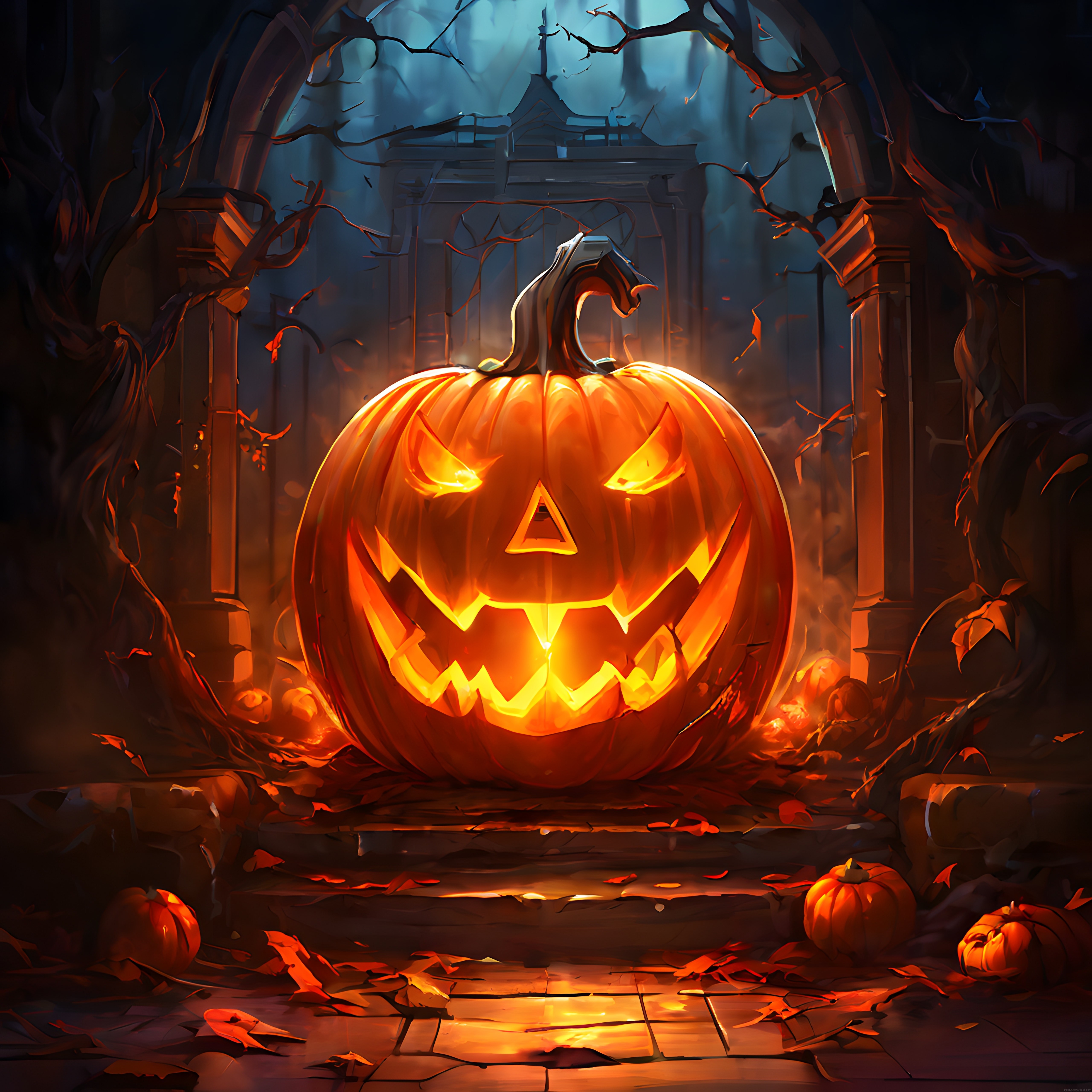 Halloween Gecesinde Terk Edilmiş Gotik Kapı Önünde Parlayan Dev Balkabağı