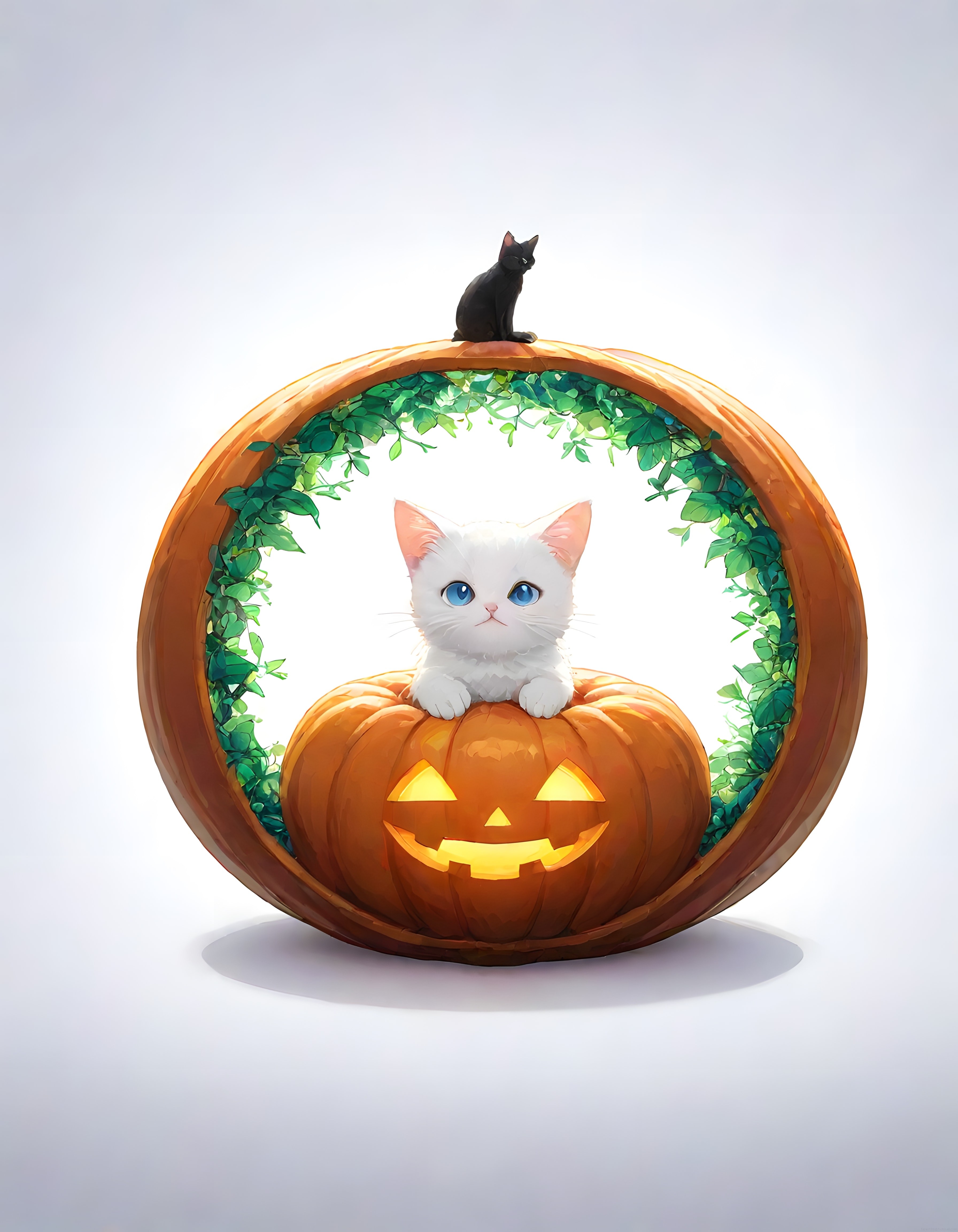 Halloween ruhunu yansıtan dev kabak içinde masum beyaz kedi ve siyah kedi dostu