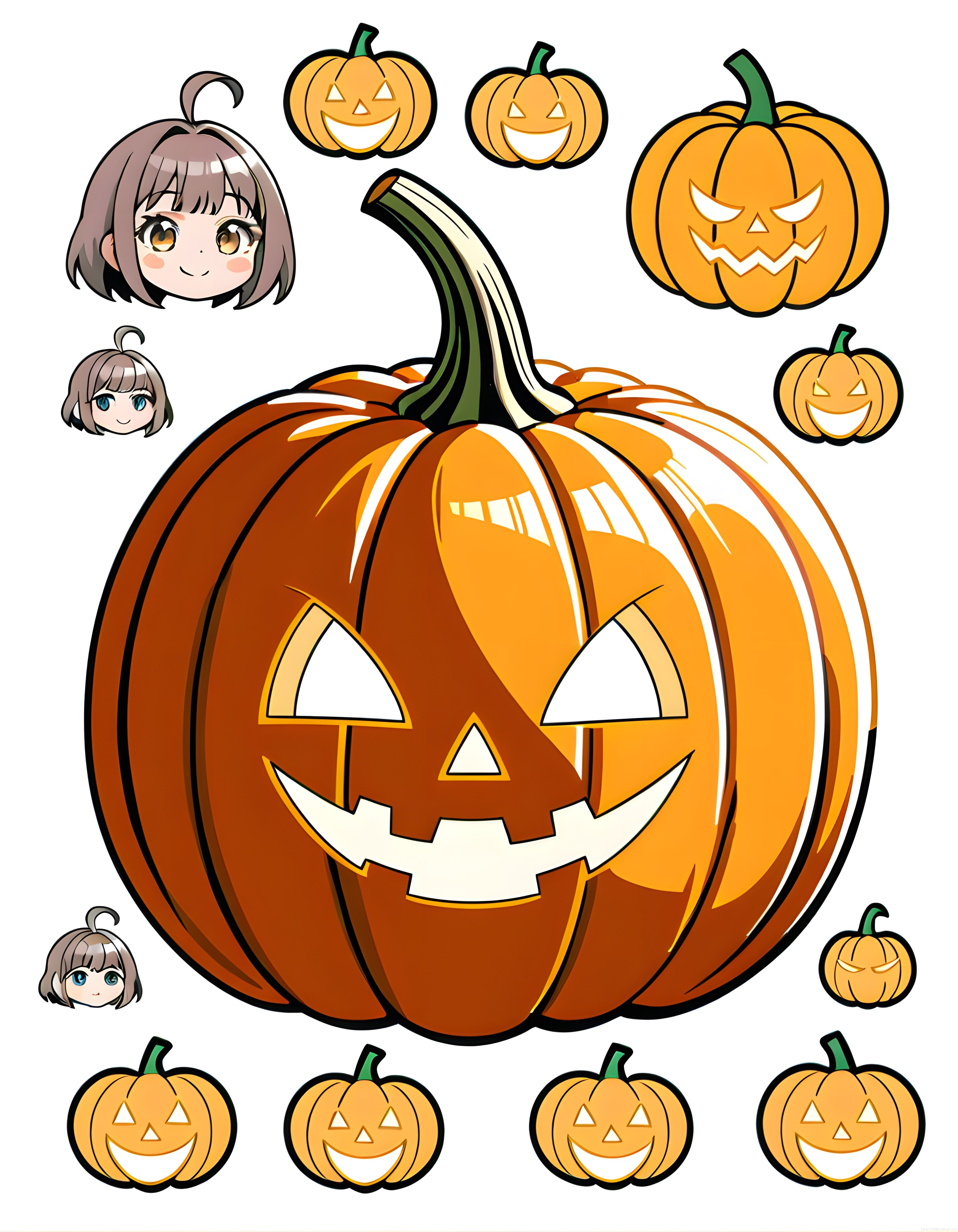 Halloween temalı anime chibi karakterler ve balkabağı feneri illüstrasyonu