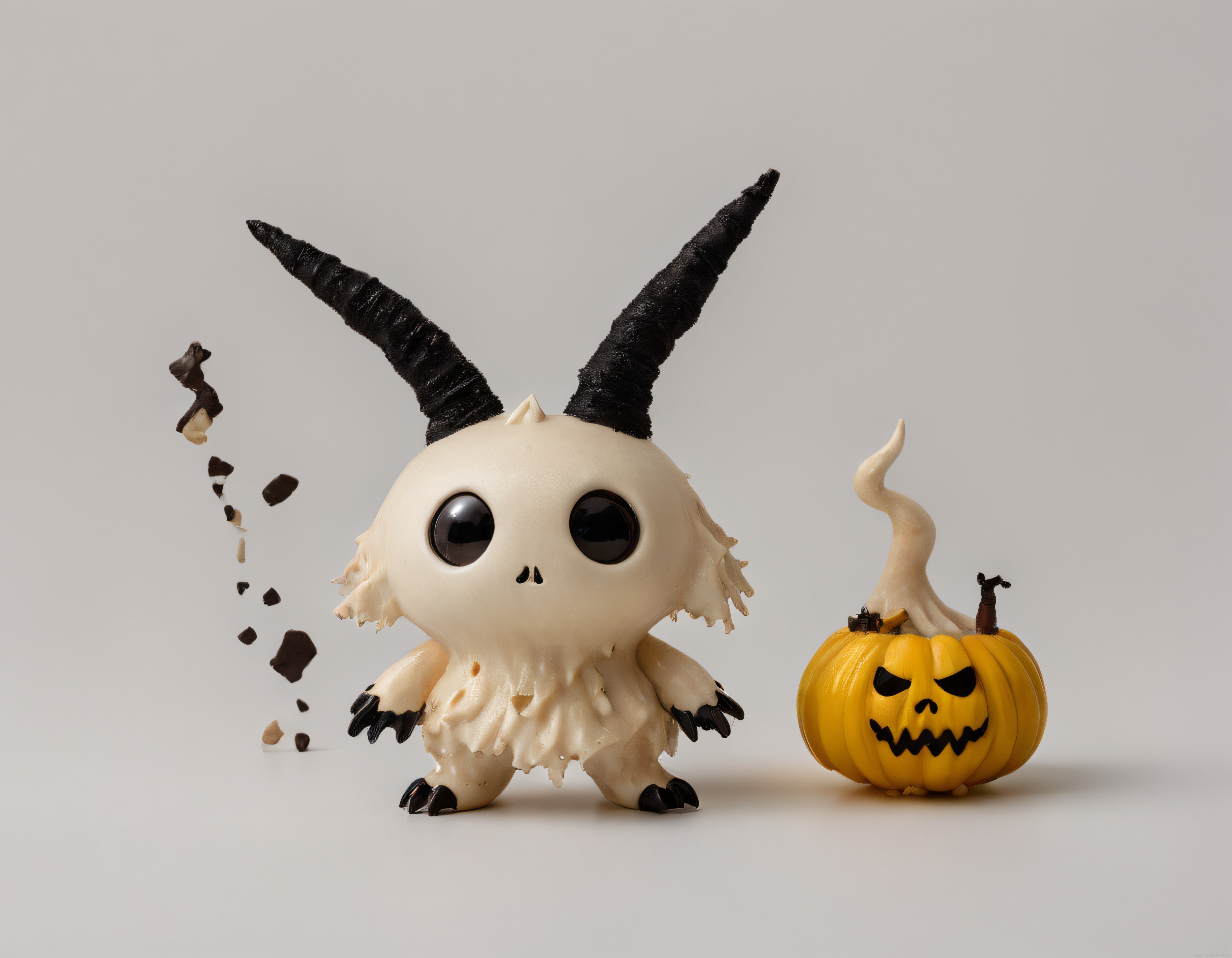 Halloween Temalı Sevimli Boynuzlu Yaratık Figürü ve Gülümseyen Balkabağı Dekoru