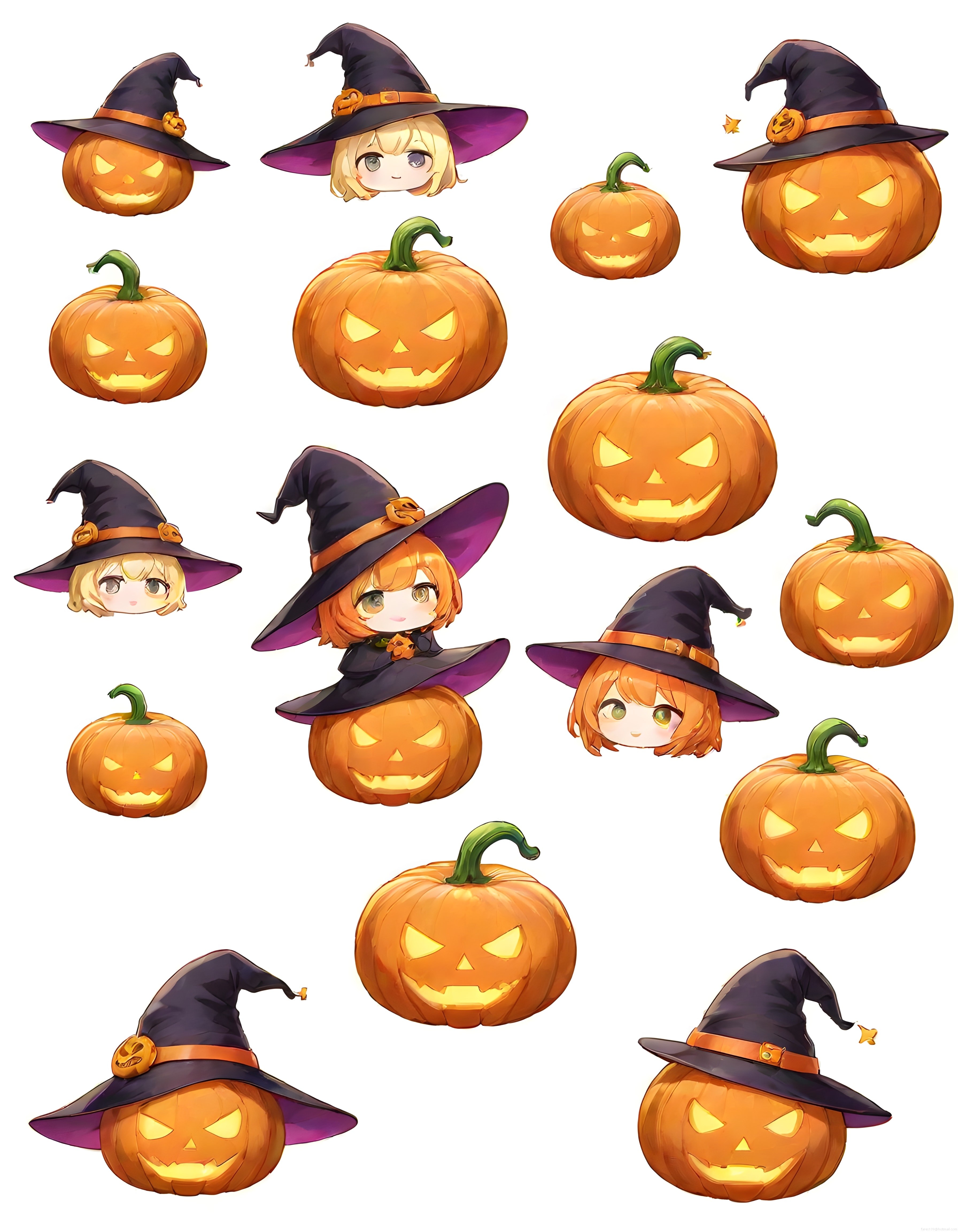 Halloween Temalı Sevimli Cadı Şapkalı Balkabağı ve Chibi Karakter Çizim Seti