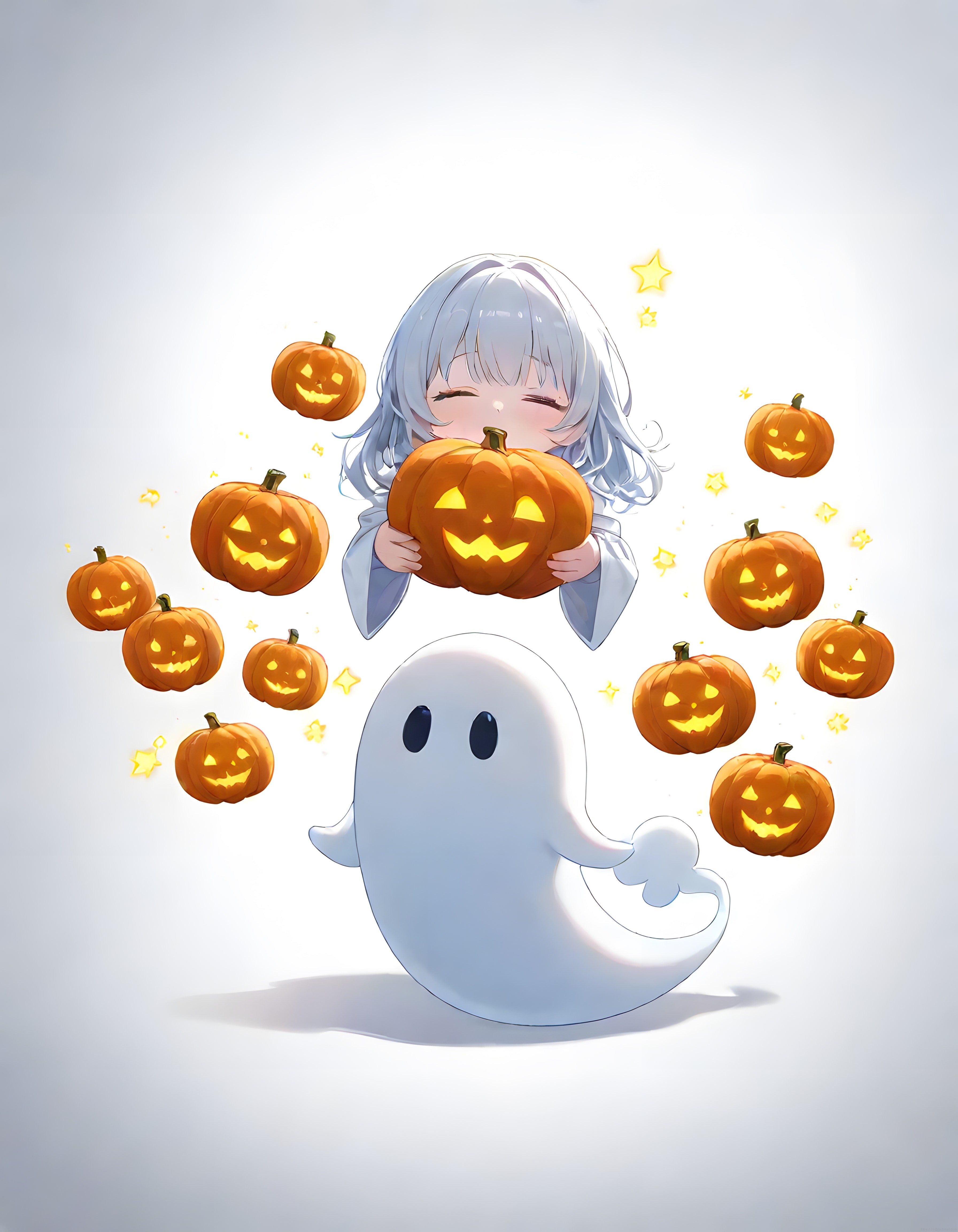 Halloween Temalı Sevimli Chibi Karakter ve Hayalet Dijital İllüstrasyon