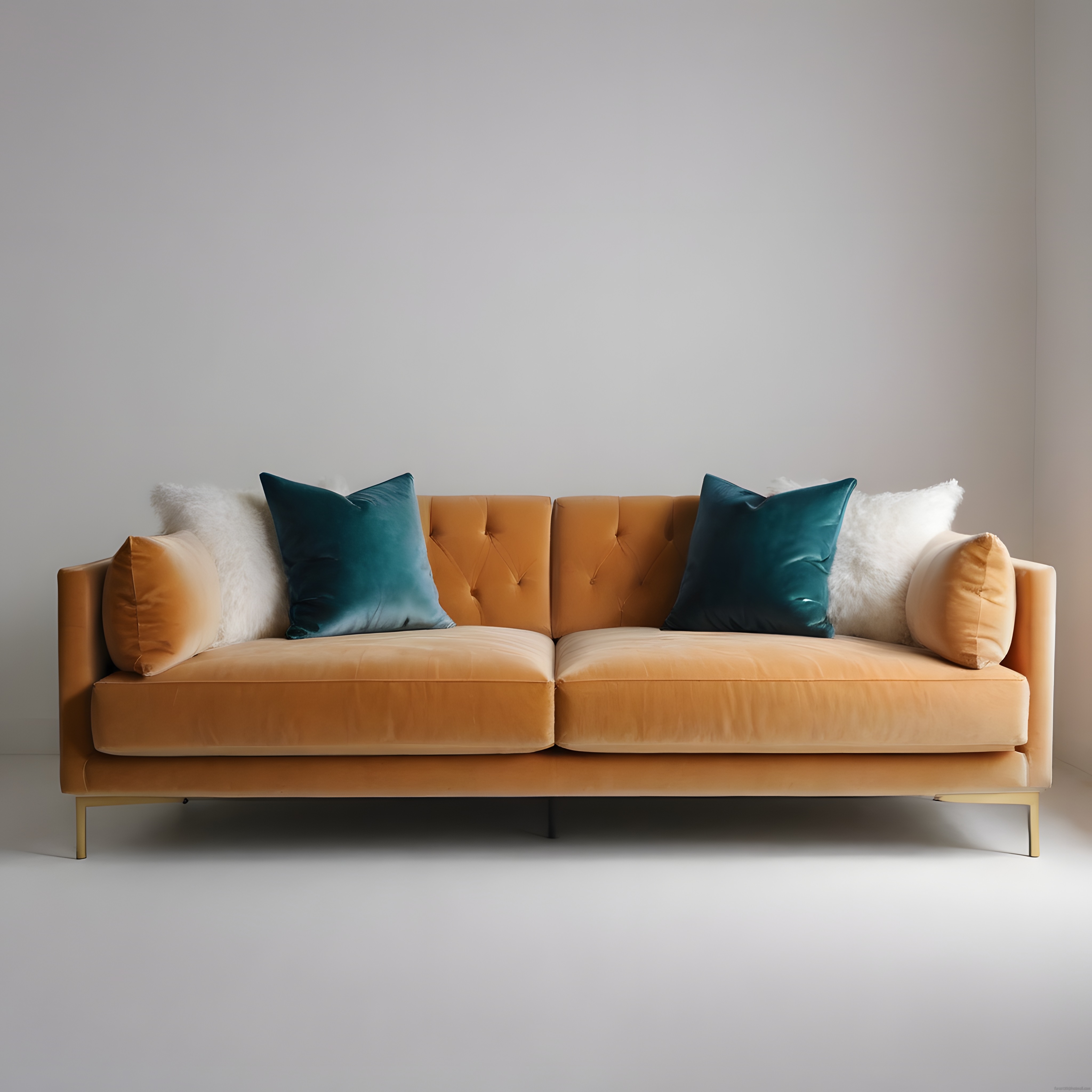 Hardal Rengi Kadife Kanepe ve Turkuaz Minderlerle Minimalist Salon Dekoru