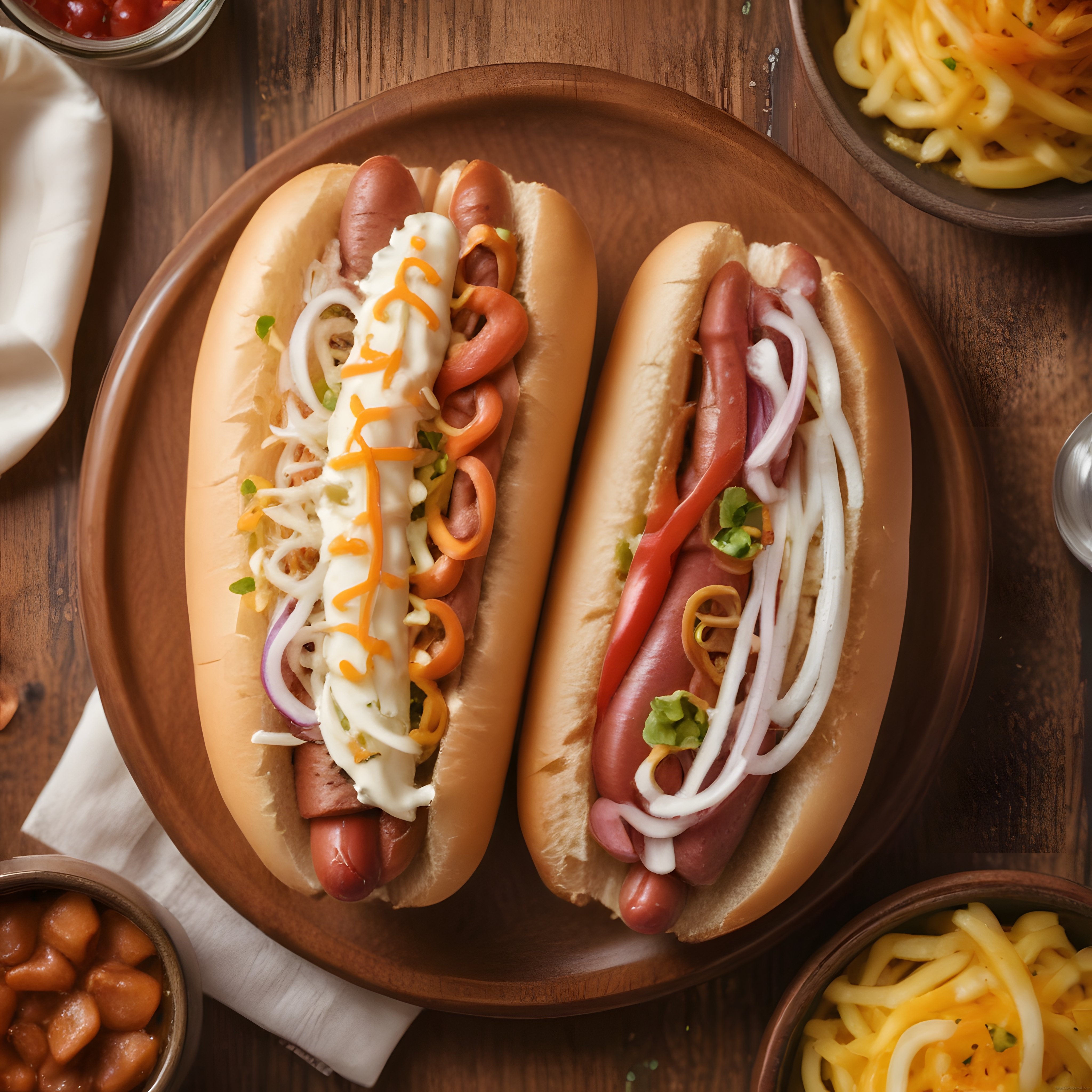 Hardal ve Mayonez Soslu İki Lezzetli Hot Dogs Ahşap Tabakta Sunum