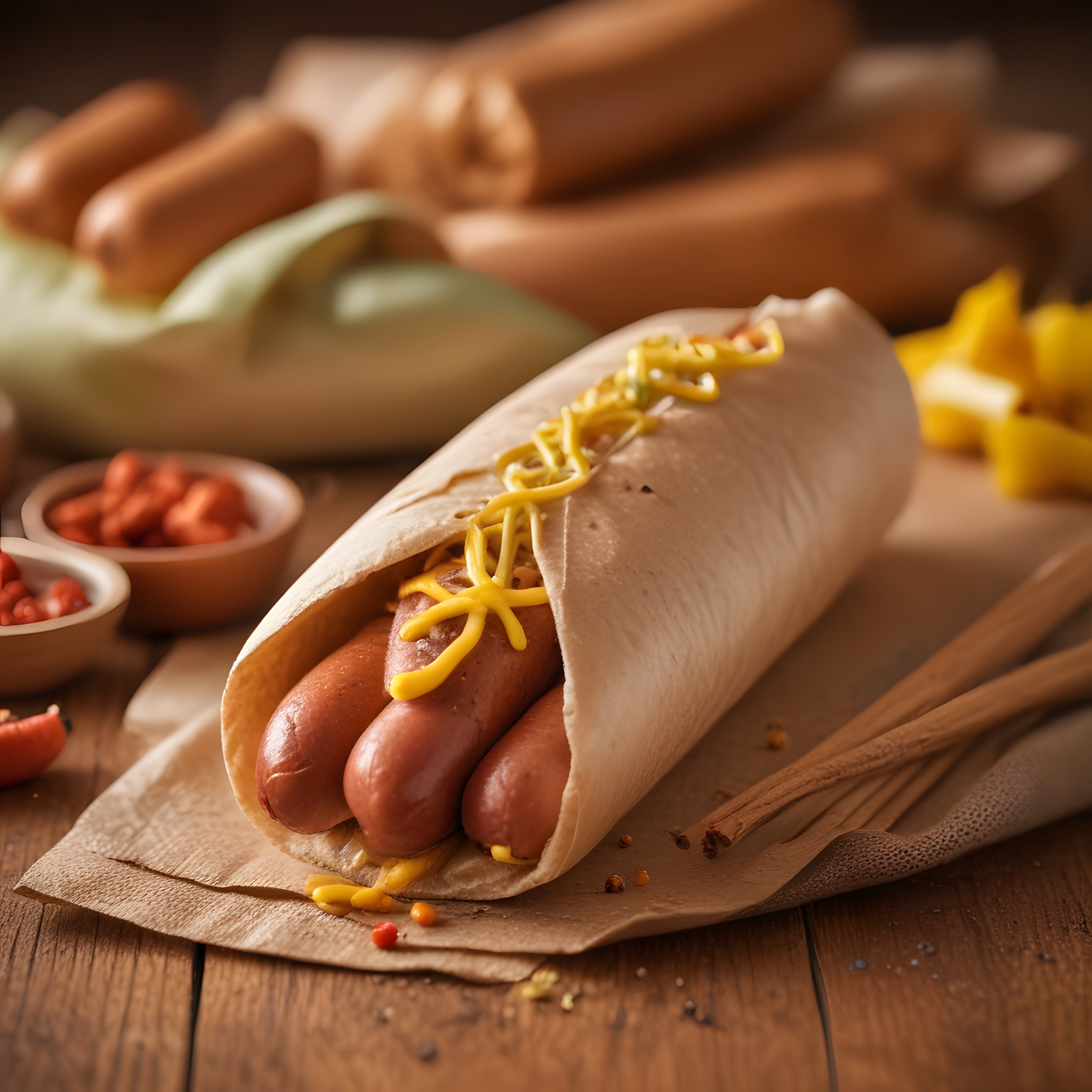 Hardallı Üçlü Sosis Dürüm ve Ahşap Masa Üzerinde Lezzetli Sokak Sunumu