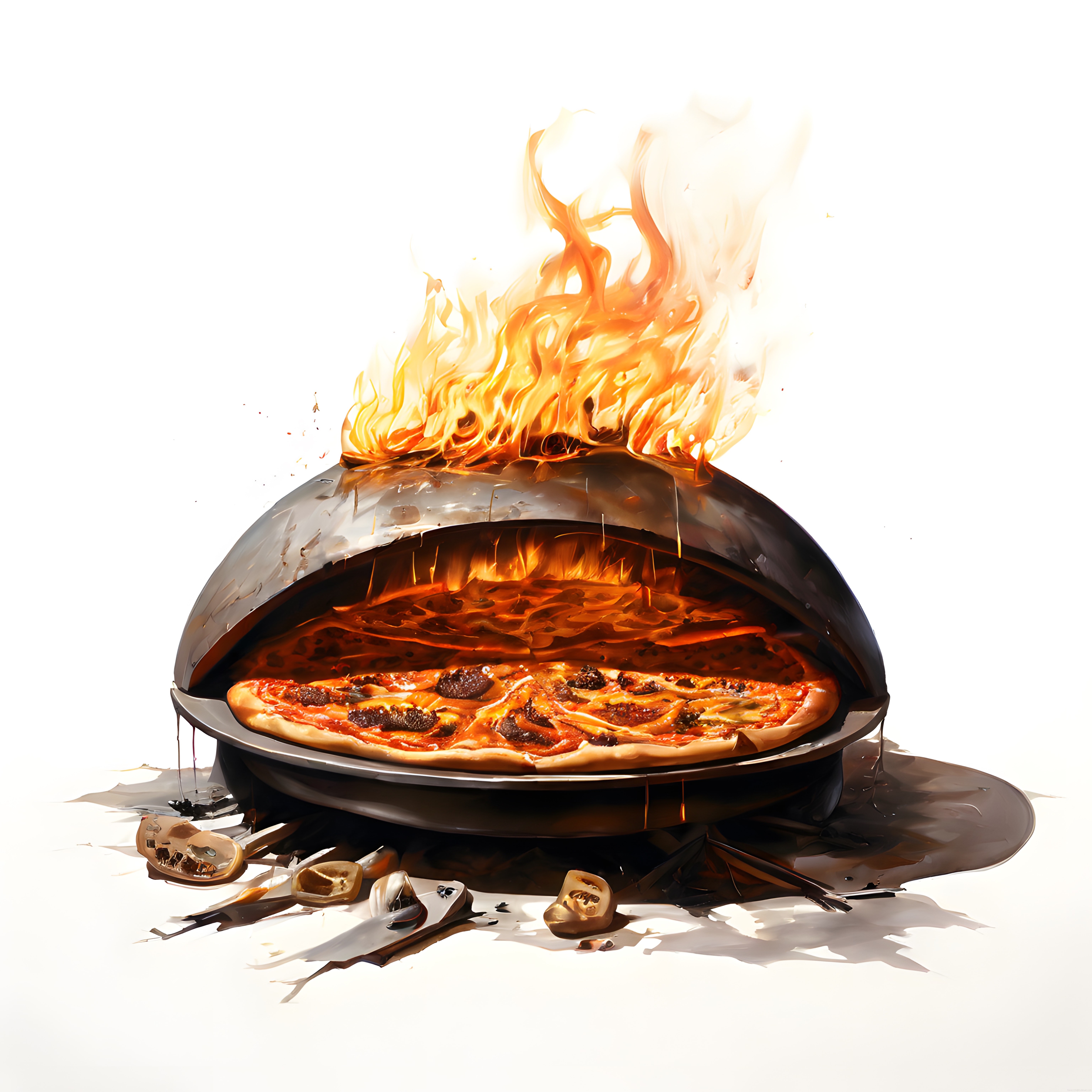 Harlanan pizza fırını içinde pizza ve çürümüş sebzeler dijital illüstrasyon