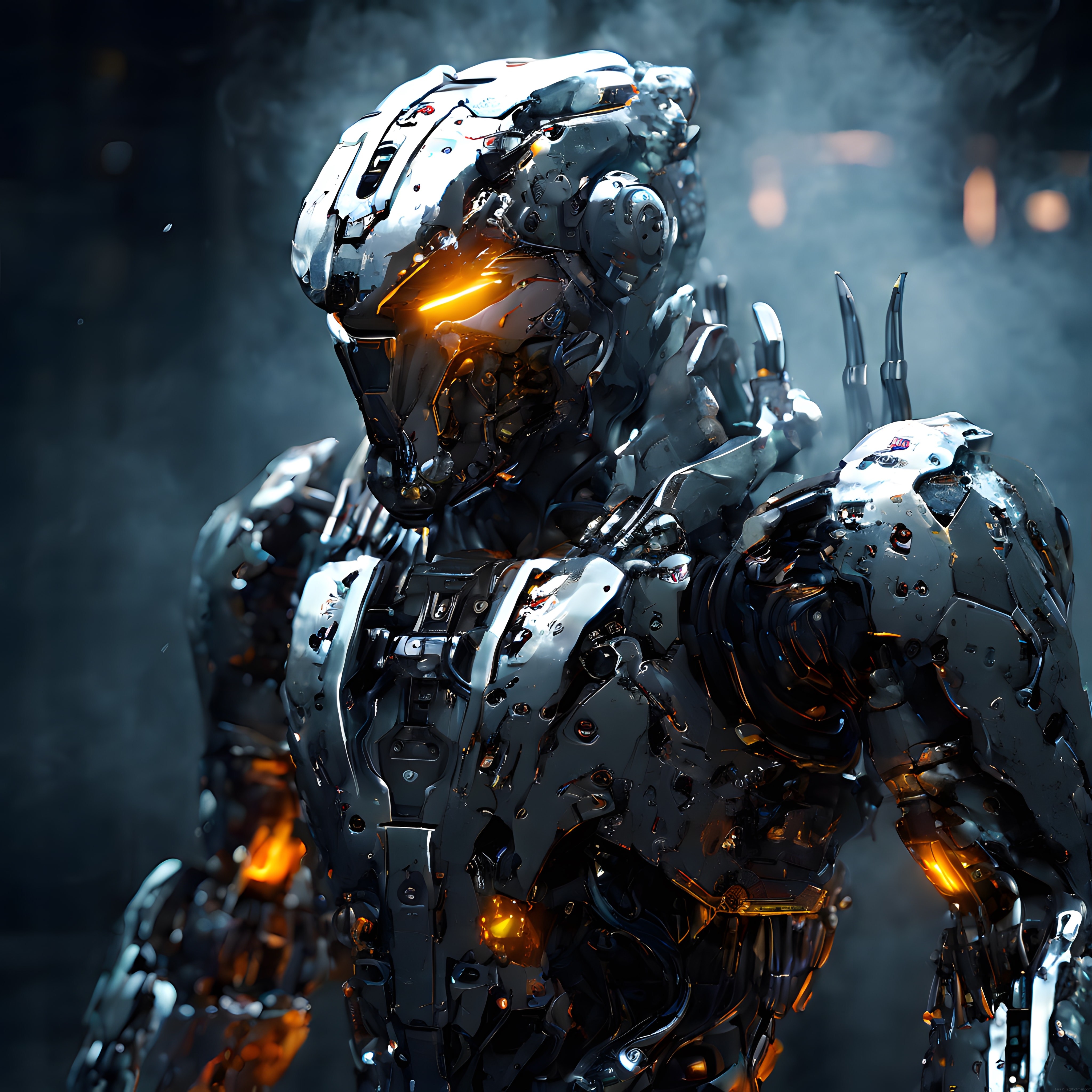Hasarlı Metal Zırhın İçinden Doğan Geleceğin Robot Savaşçısı Portresi
