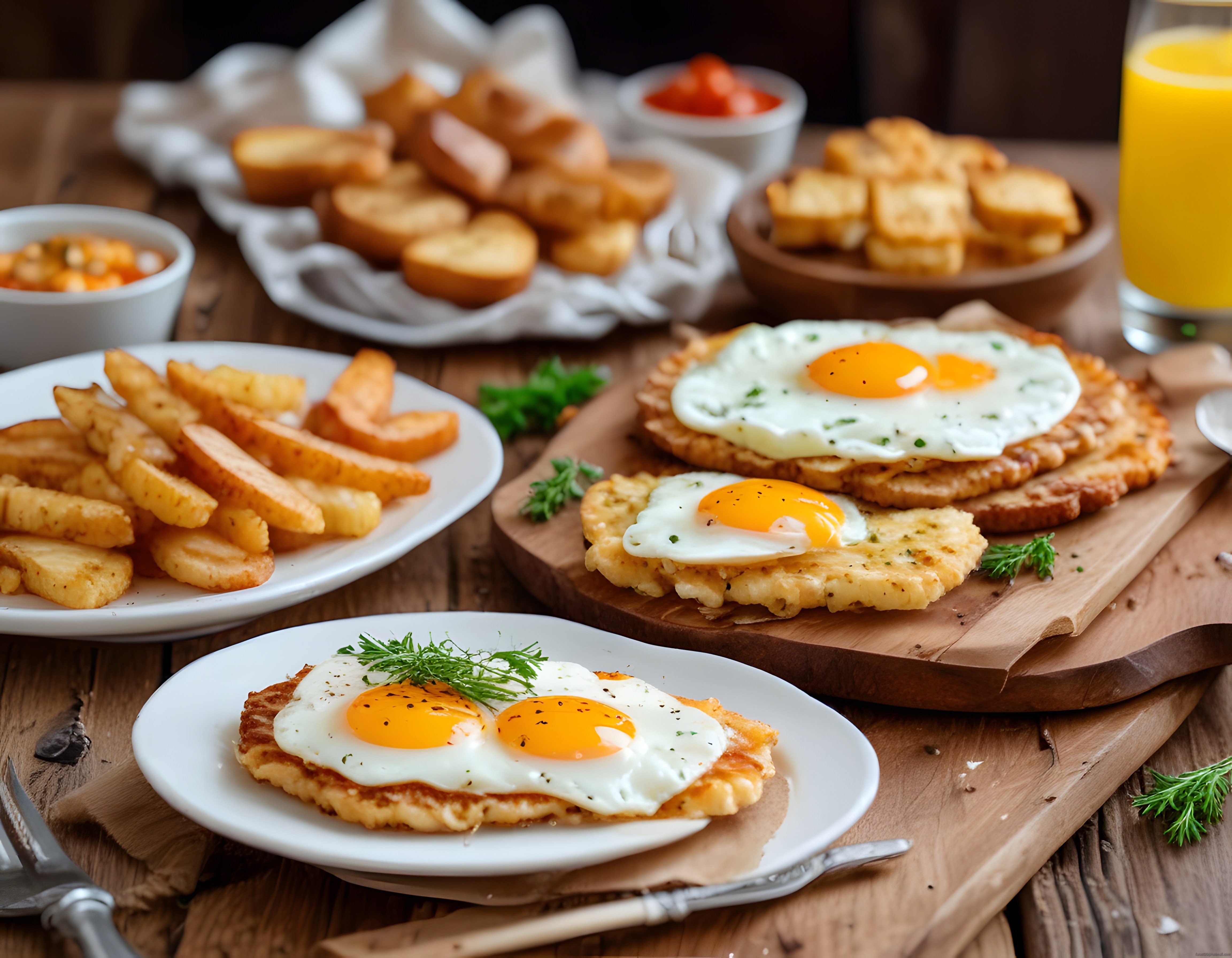 Hash Brown Üzerinde Güneş Gibi Pişmiş Yumurtalar ve Portakal Suyuyla Kahvaltı