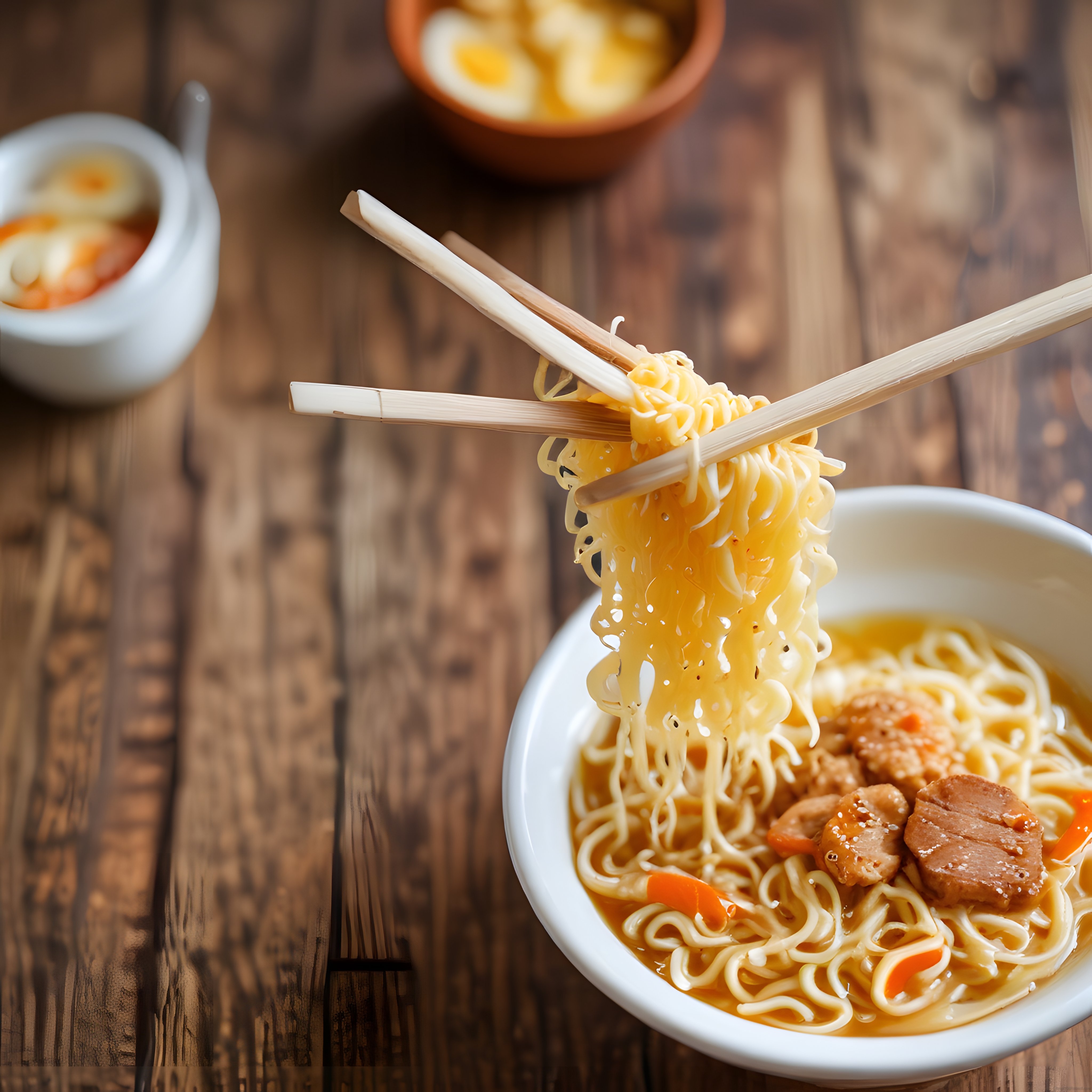 Hasır Çubuklarla Kaldırılan Tavuklu Ramen Çorbası ve Haşlanmış Yumurta Sunumu