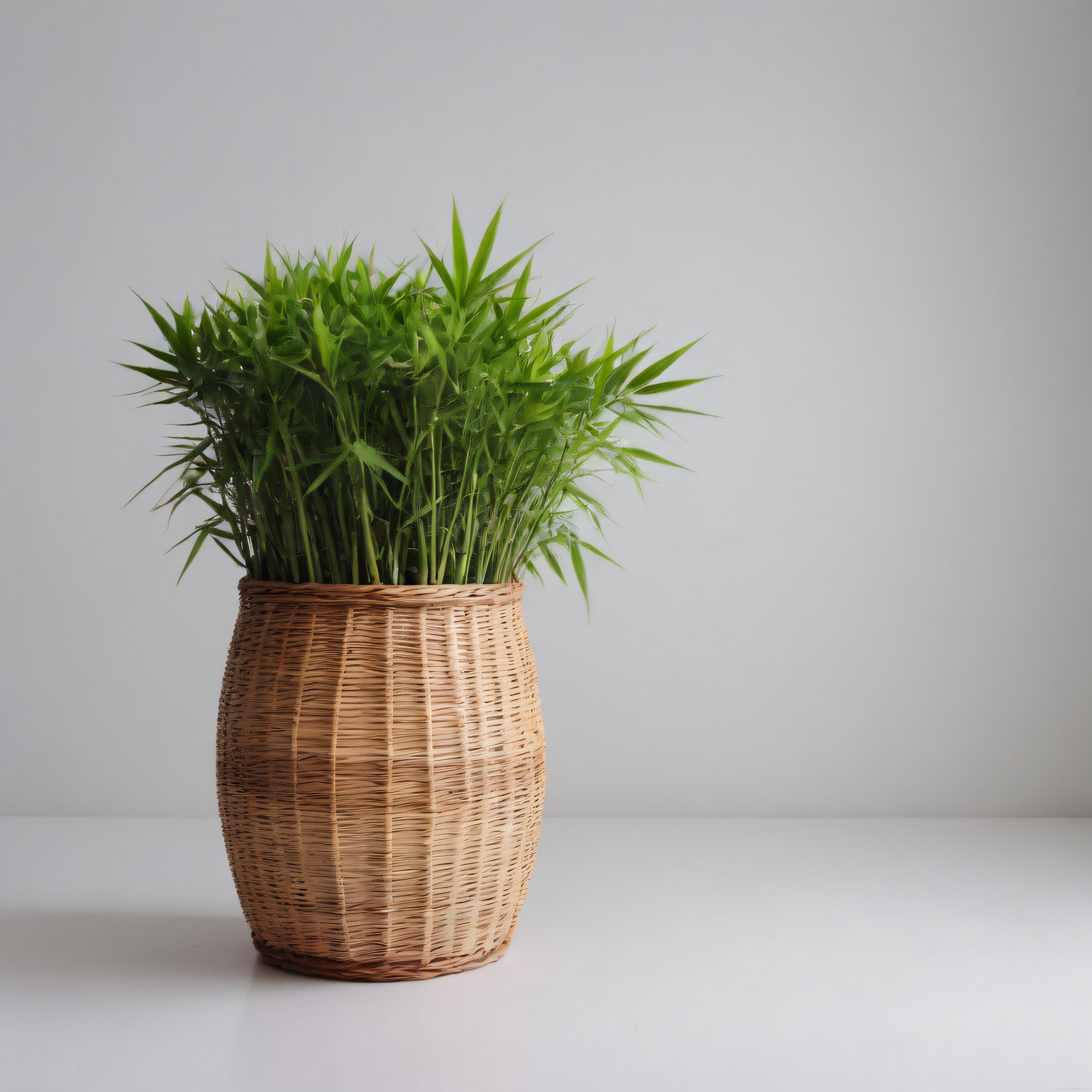 Hasır Saksıda Canlı Yeşil Bambu ile Minimalist İç Mekan Dekoru