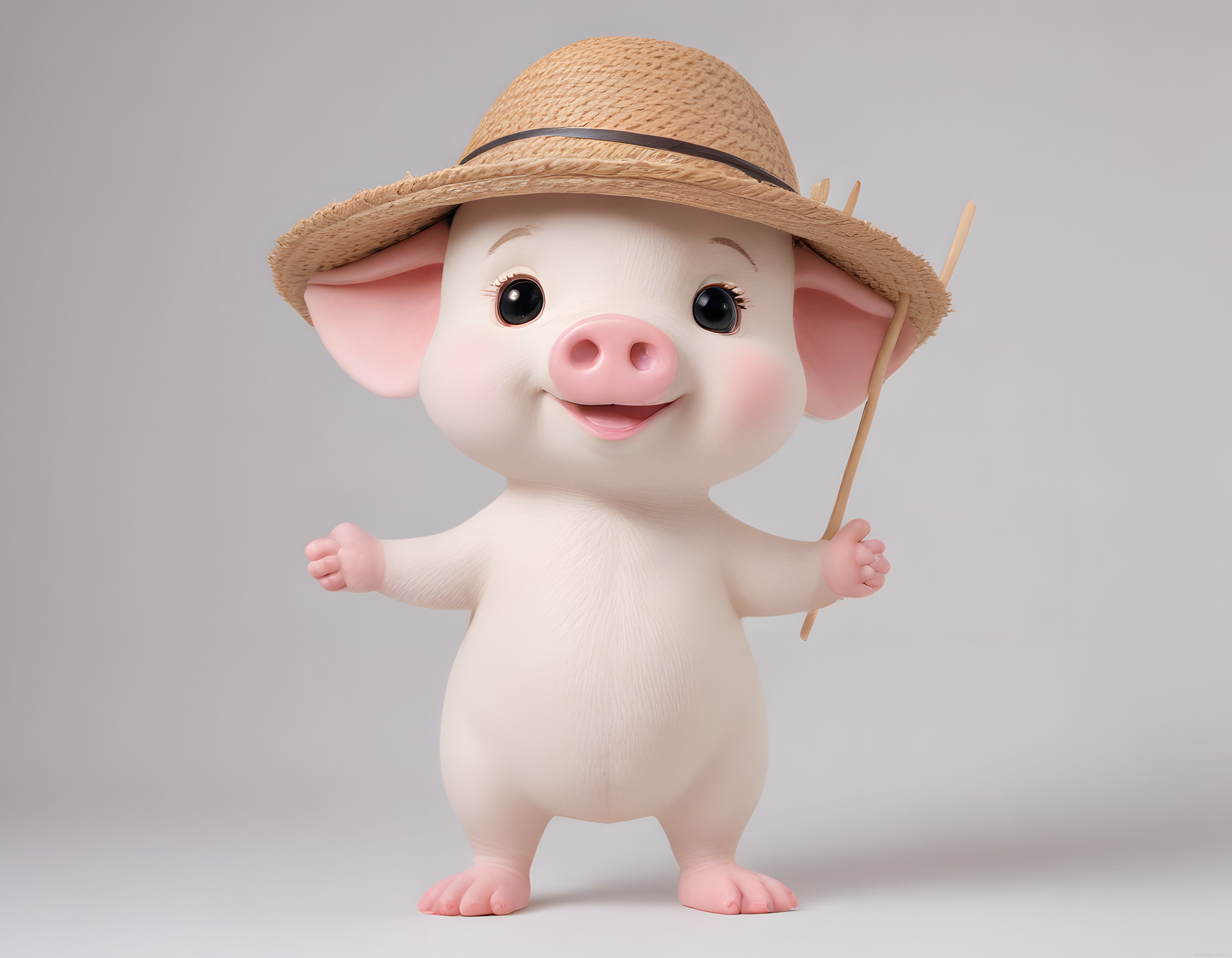 Hasır şapkalı sevimli 3D domuz karakteri, neşeli çiftlik hayvanı illüstrasyonu