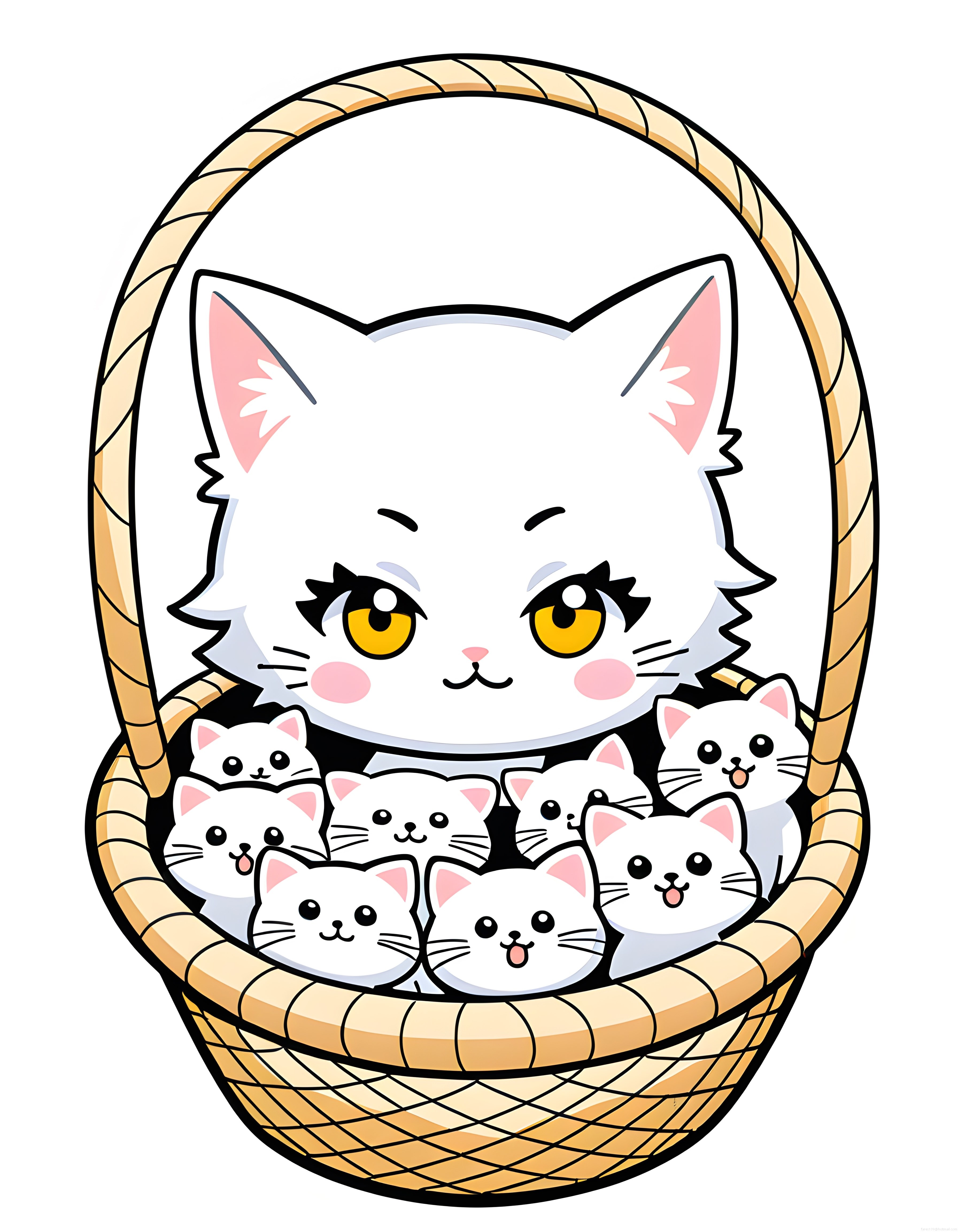 Hasır Sepet İçinde Kawaii Anne Kedi ve Sevimli Yavruları Vektör Çizim