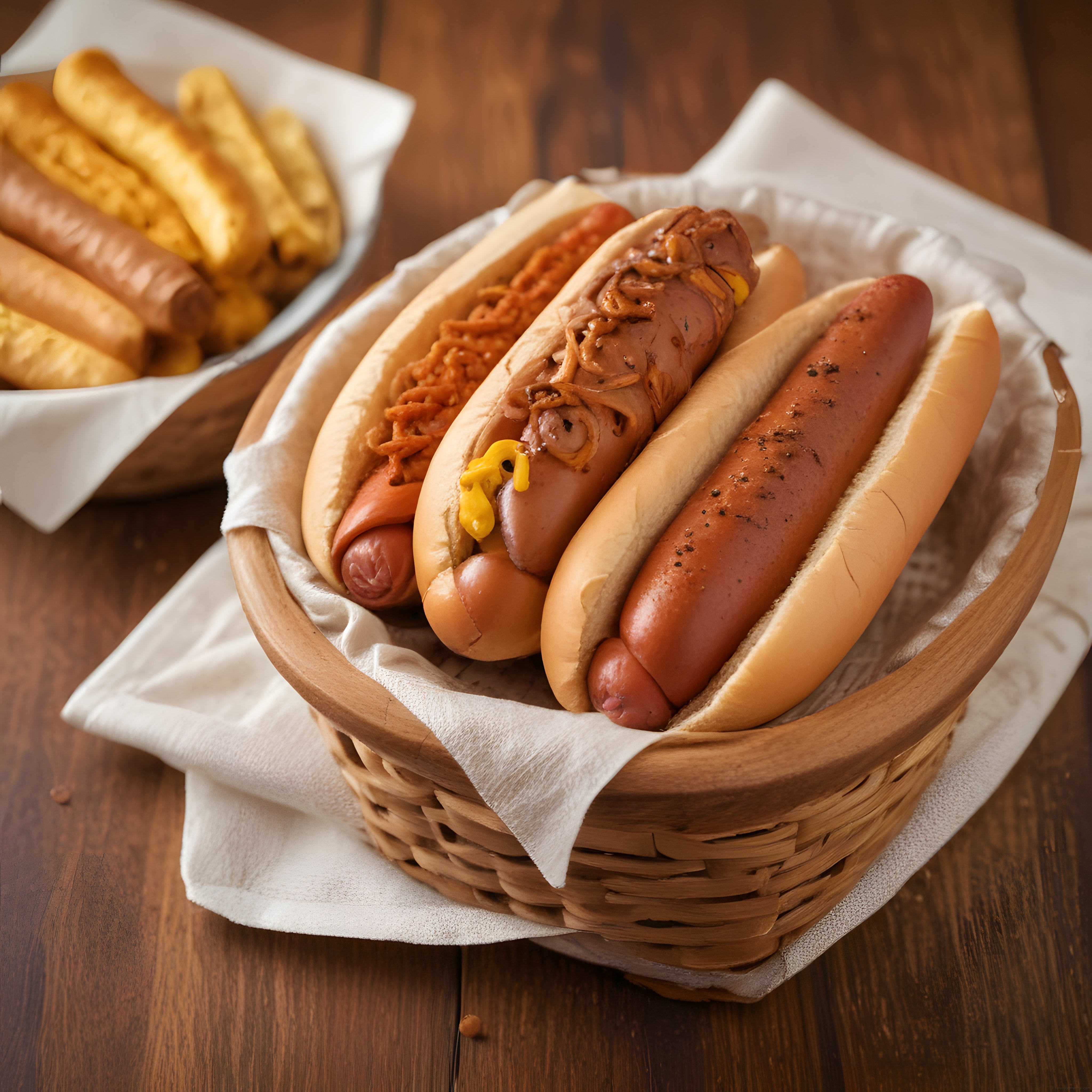 Hasır Sepet Sunumlu Çeşitli Soslu Hot Dog ve Çıtır Patates Kızartması