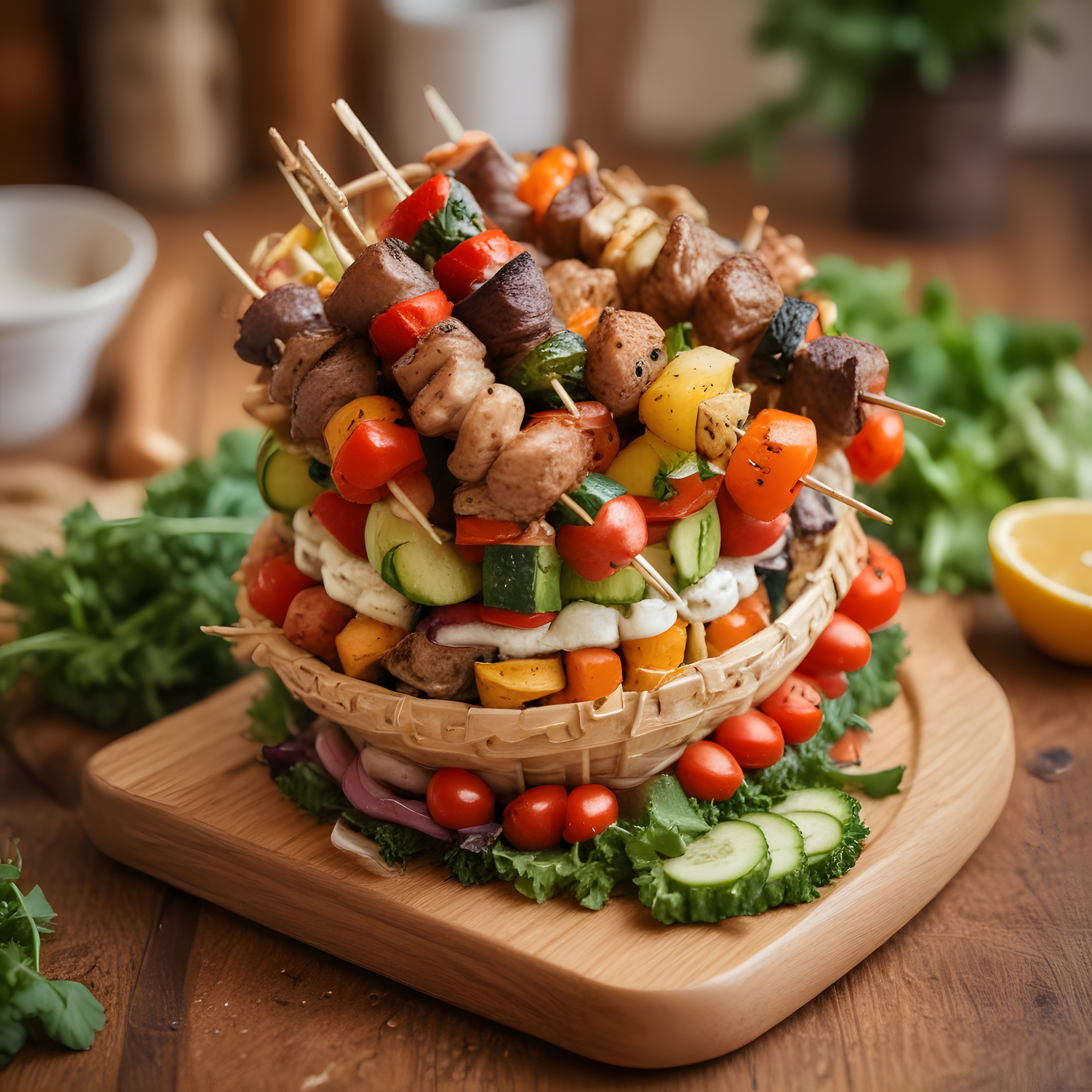 Hasır Sepet Sunumlu Renkli Sebzeli Şiş Kebap ve Izgara Aperatifleri