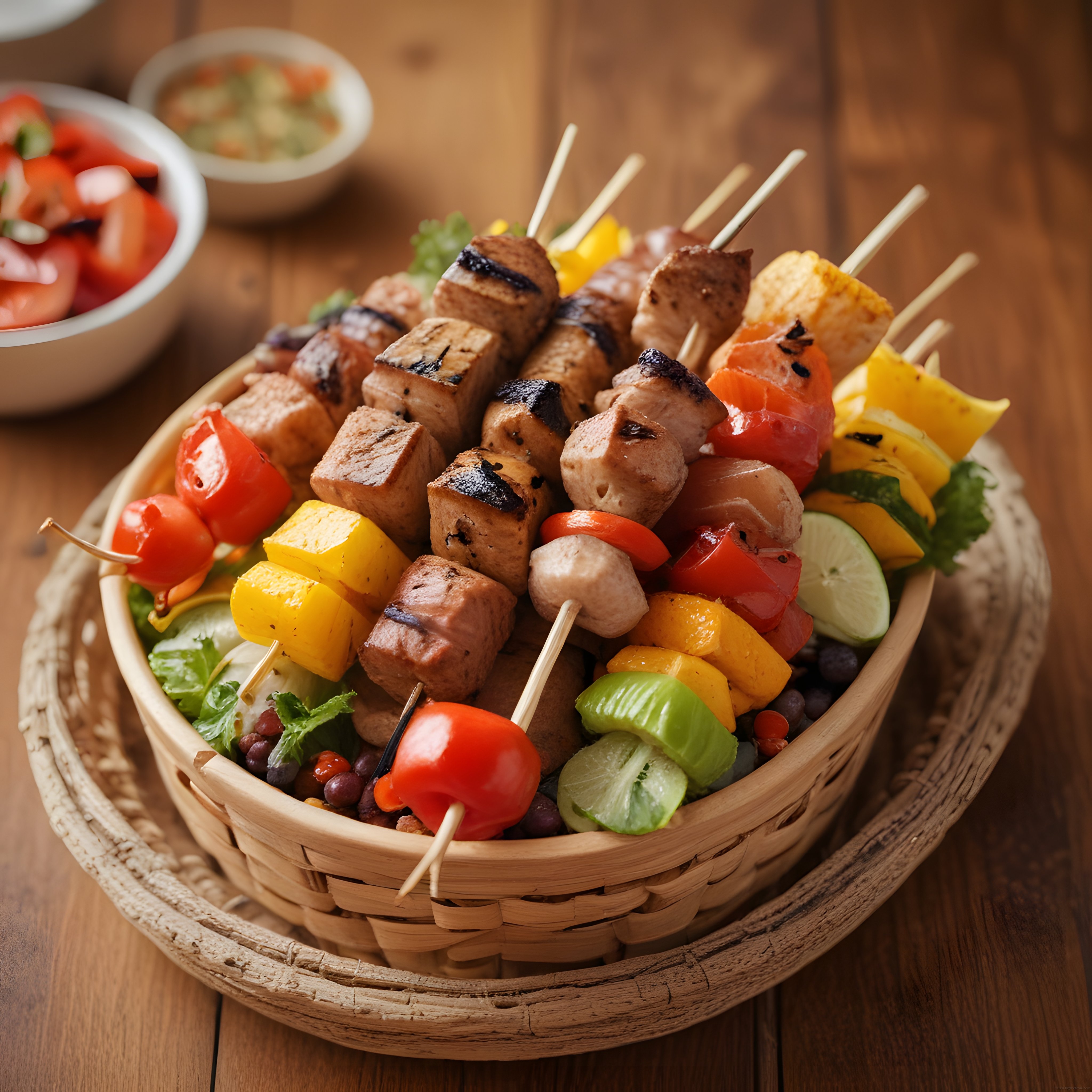 Hasır Sepette Ahşap Şişlerde Renkli Sebzeli Etli Izgara Kebap Sunumu