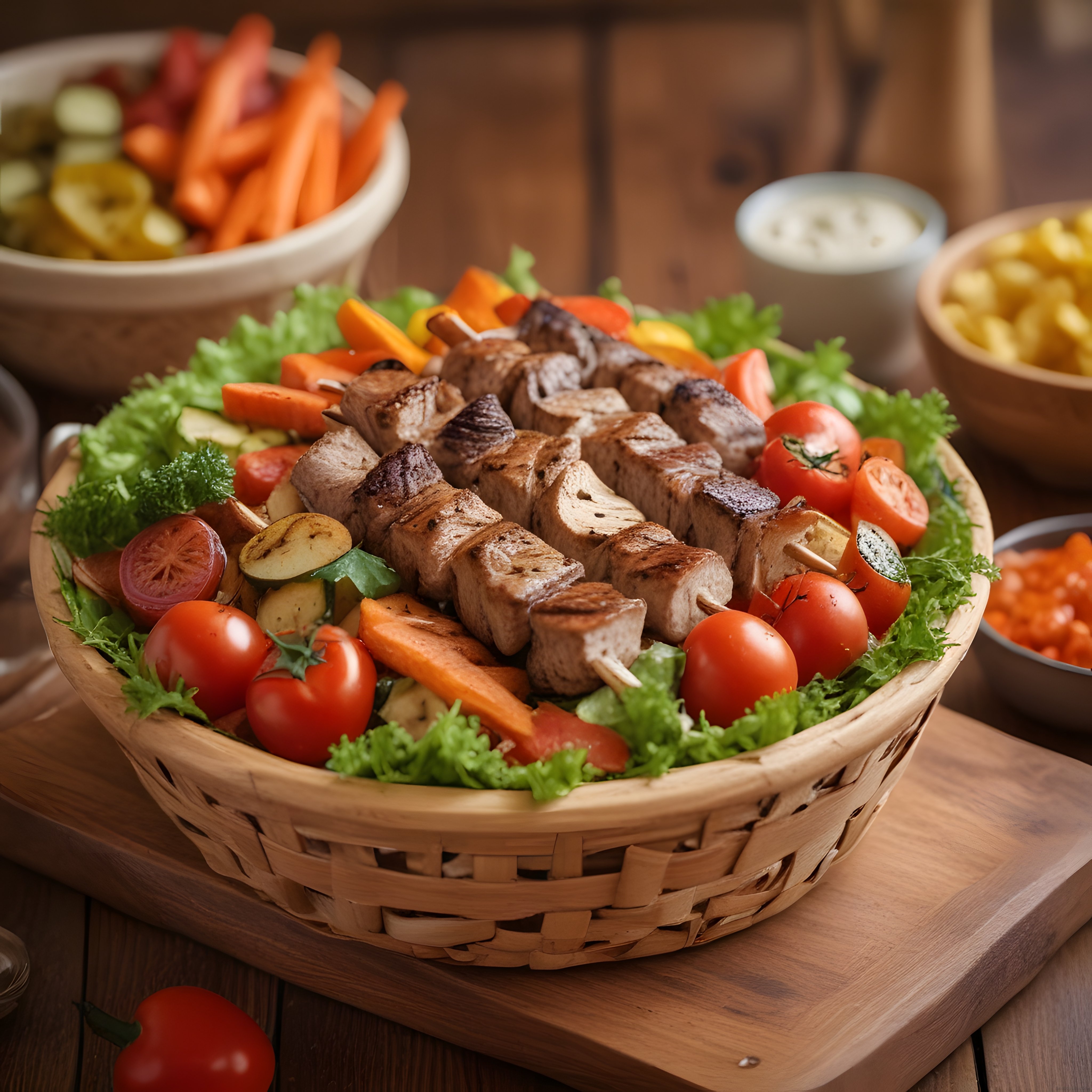 Hasır Sepette Şiş Kebap ve Renkli Sebzelerle Mükemmel Bir Yemek Sunumu