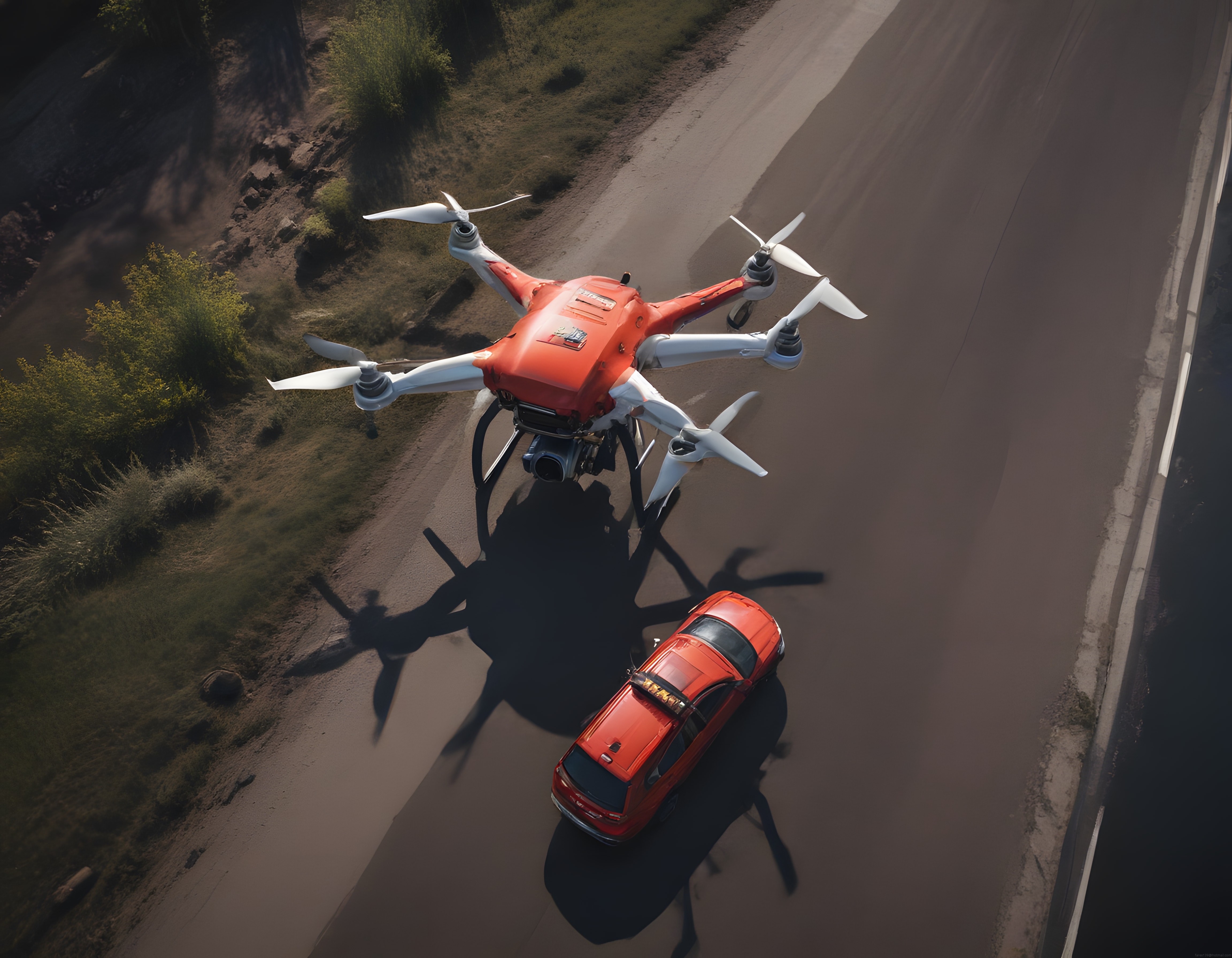 Havadan çekimde kırmızı drone ve yoldaki arabanın etkileyici manzarası