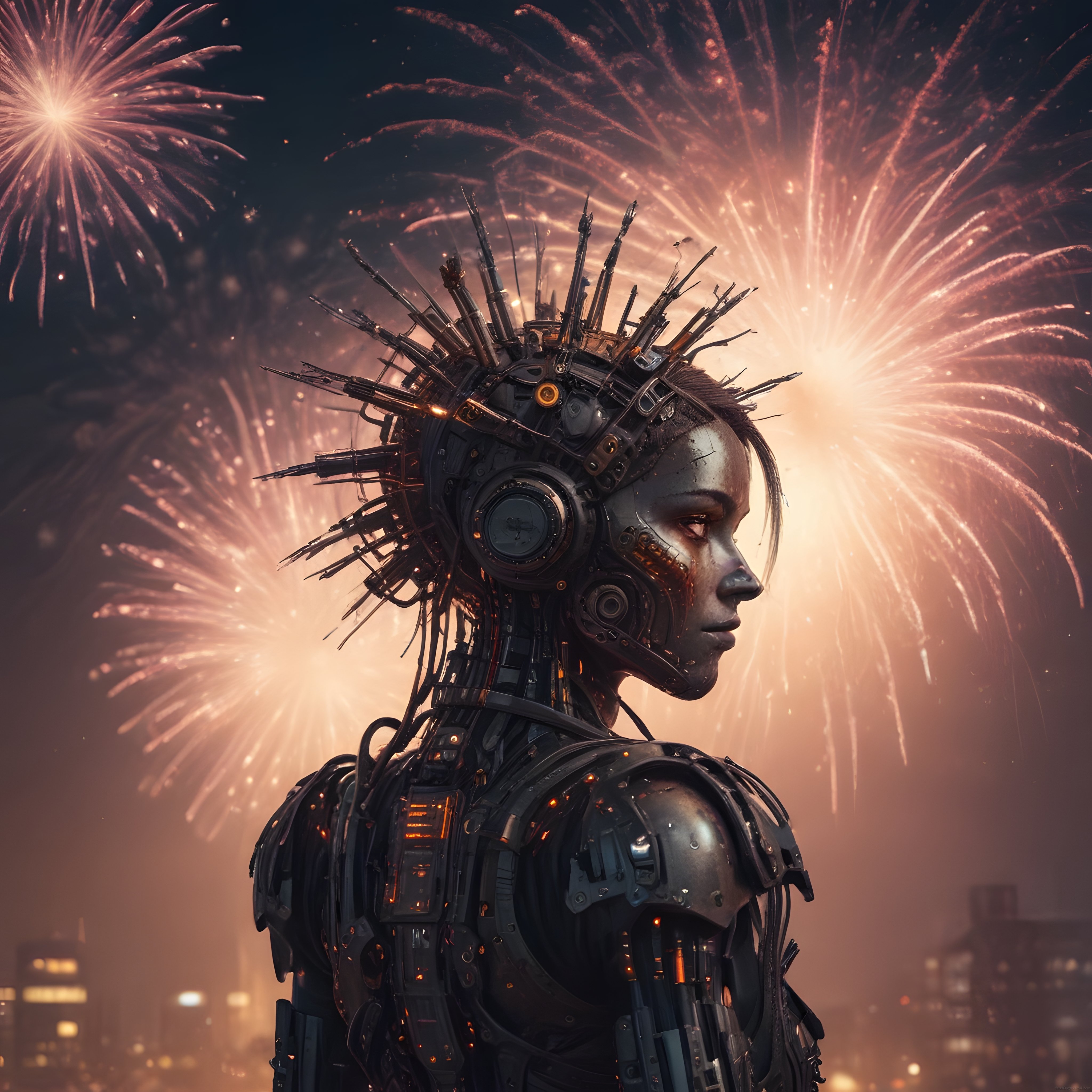 Havai Fişekler Altında Duran Geleceğin İnsansı Robotu: Cyberpunk Atmosfer