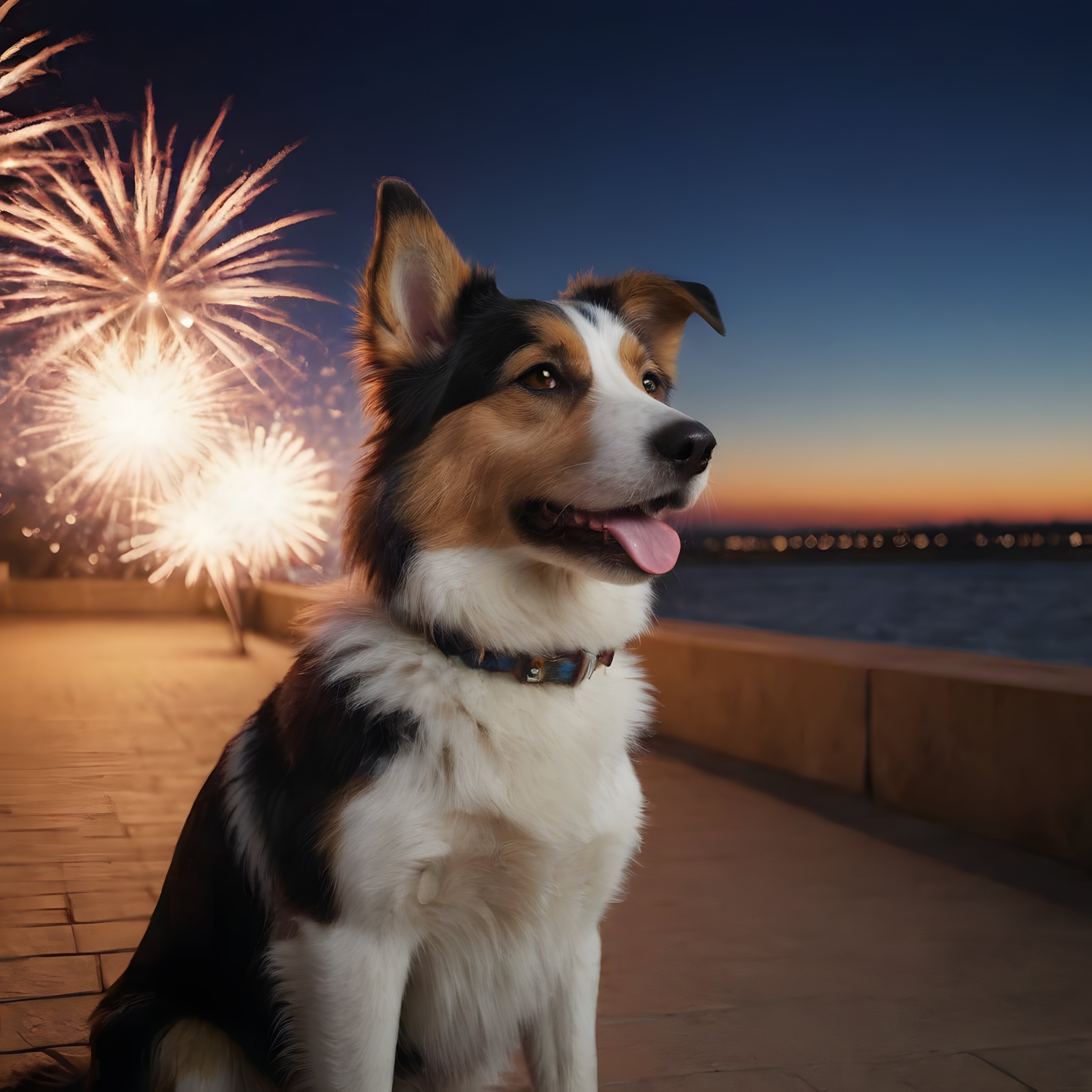 Havai Fişekler Altında Gün Batımını İzleyen Neşeli Border Collie