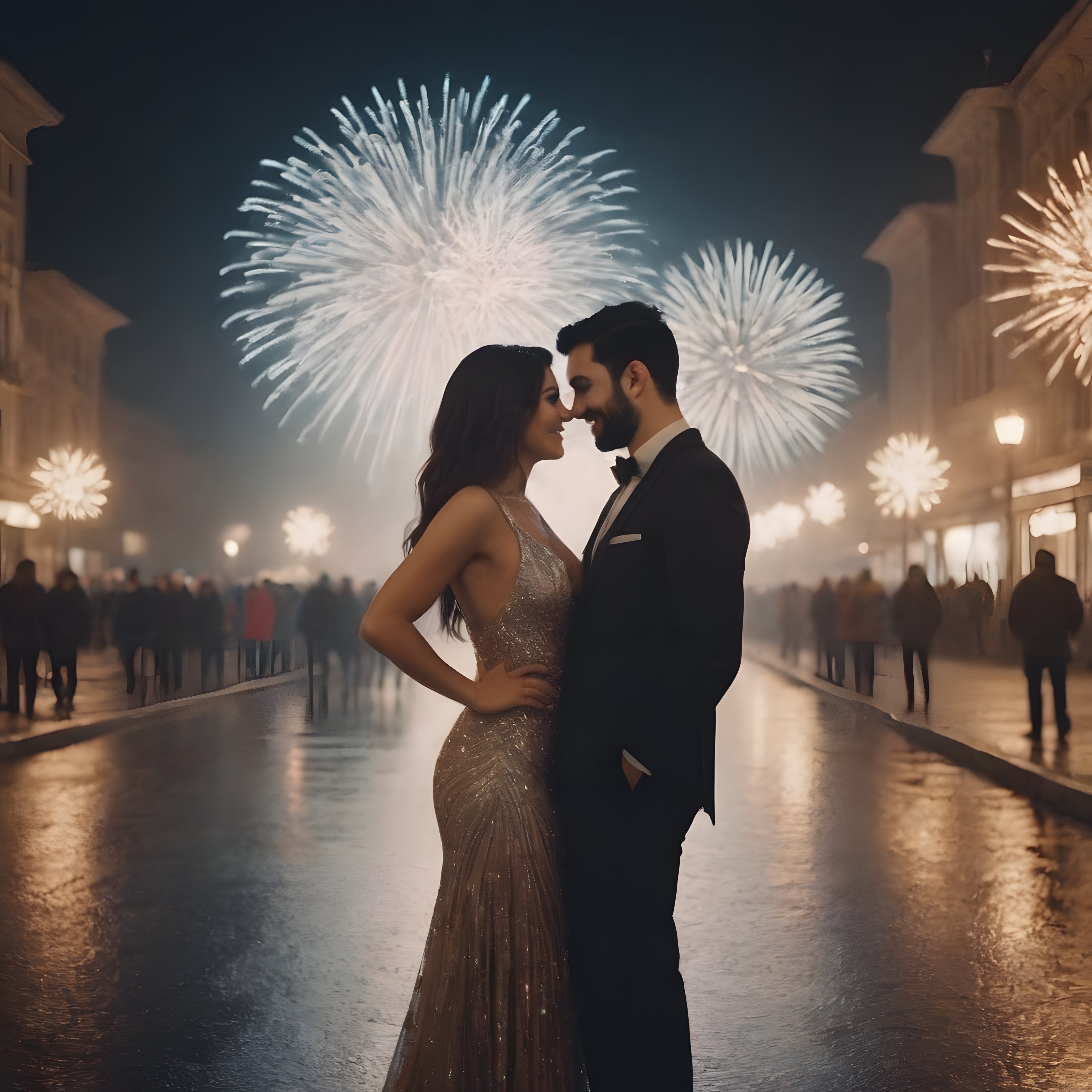 Havai Fişekler Altında Romantik Yılbaşı Gecesi Yaşayan Şık Çift Portresi