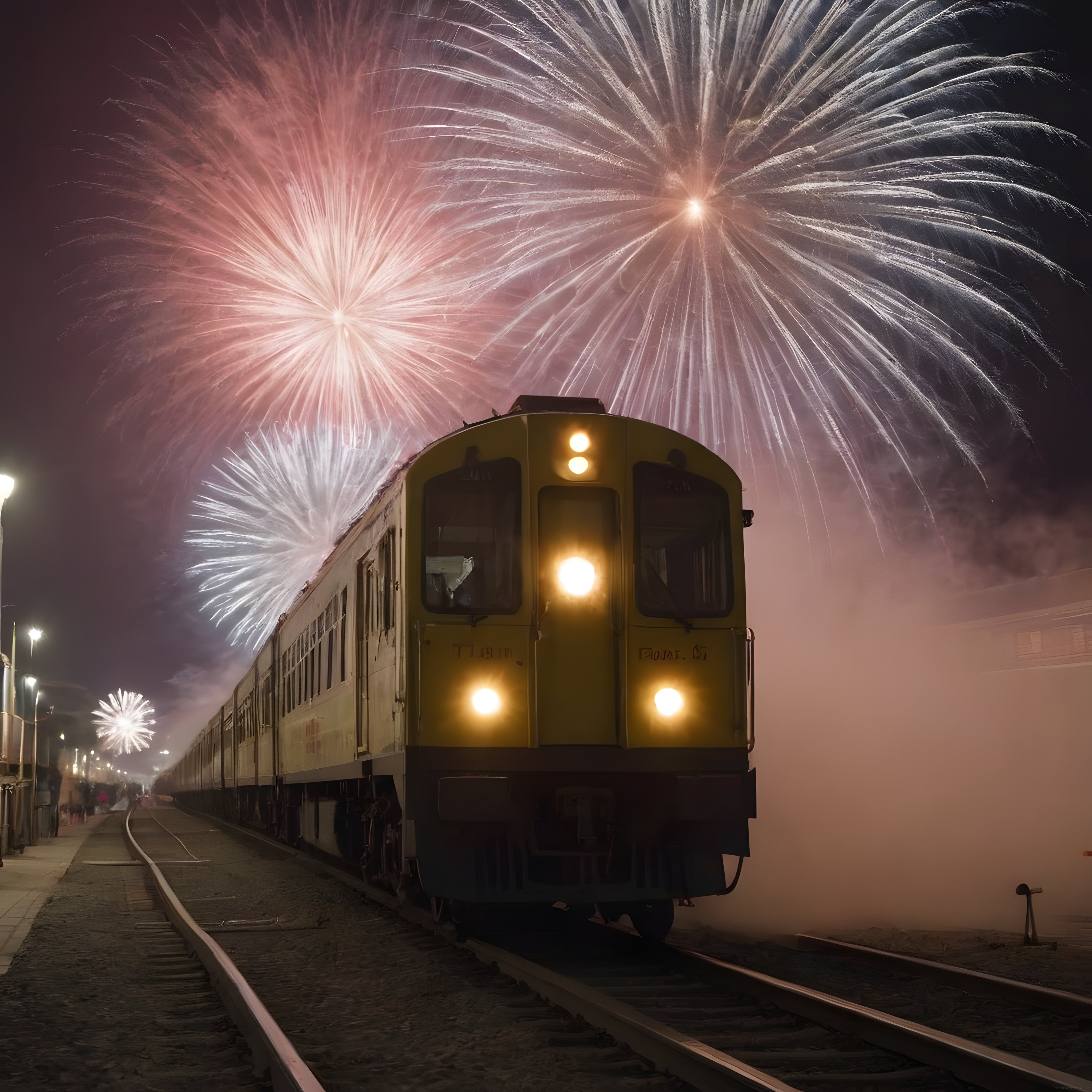 Havai Fişekler Altında Tren Yolculuğu ve Gece İstasyonu Manzarası