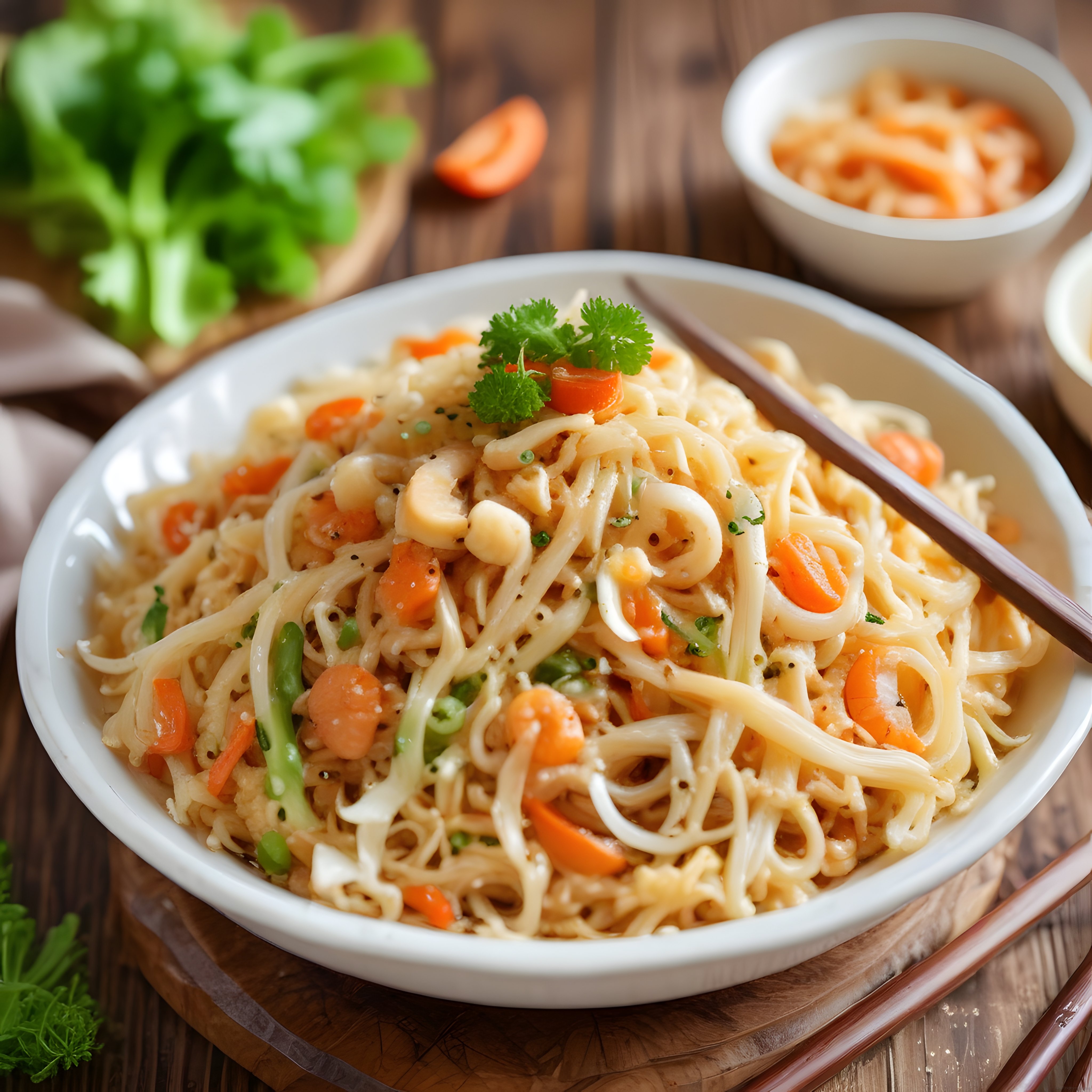 Havuçlu brokolili noodle kasesi, taze yeşillikler ve ahşap masa üzerinde sunum