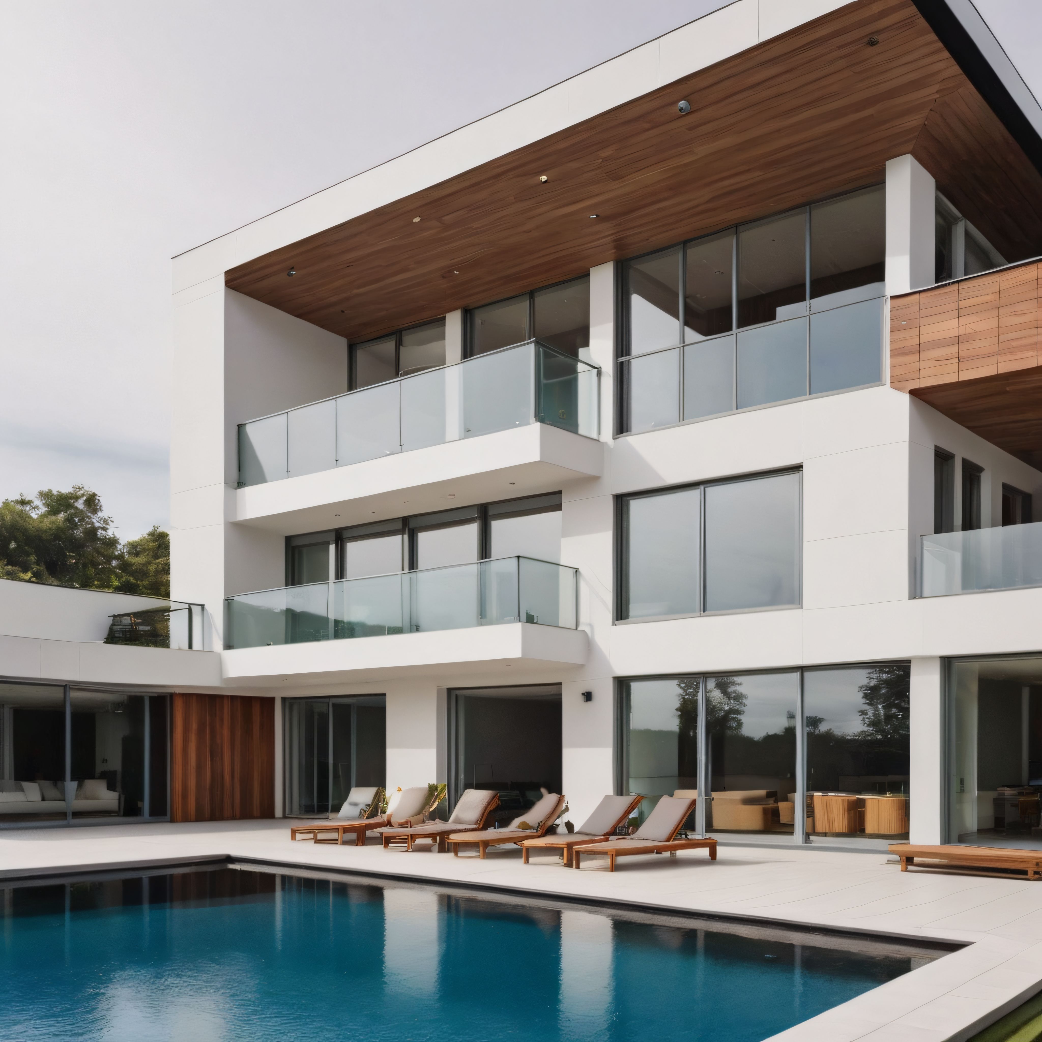 Havuz Başı Şezlongları ve Ahşap Detaylarıyla Modern Lüks Villa Dış Cephe