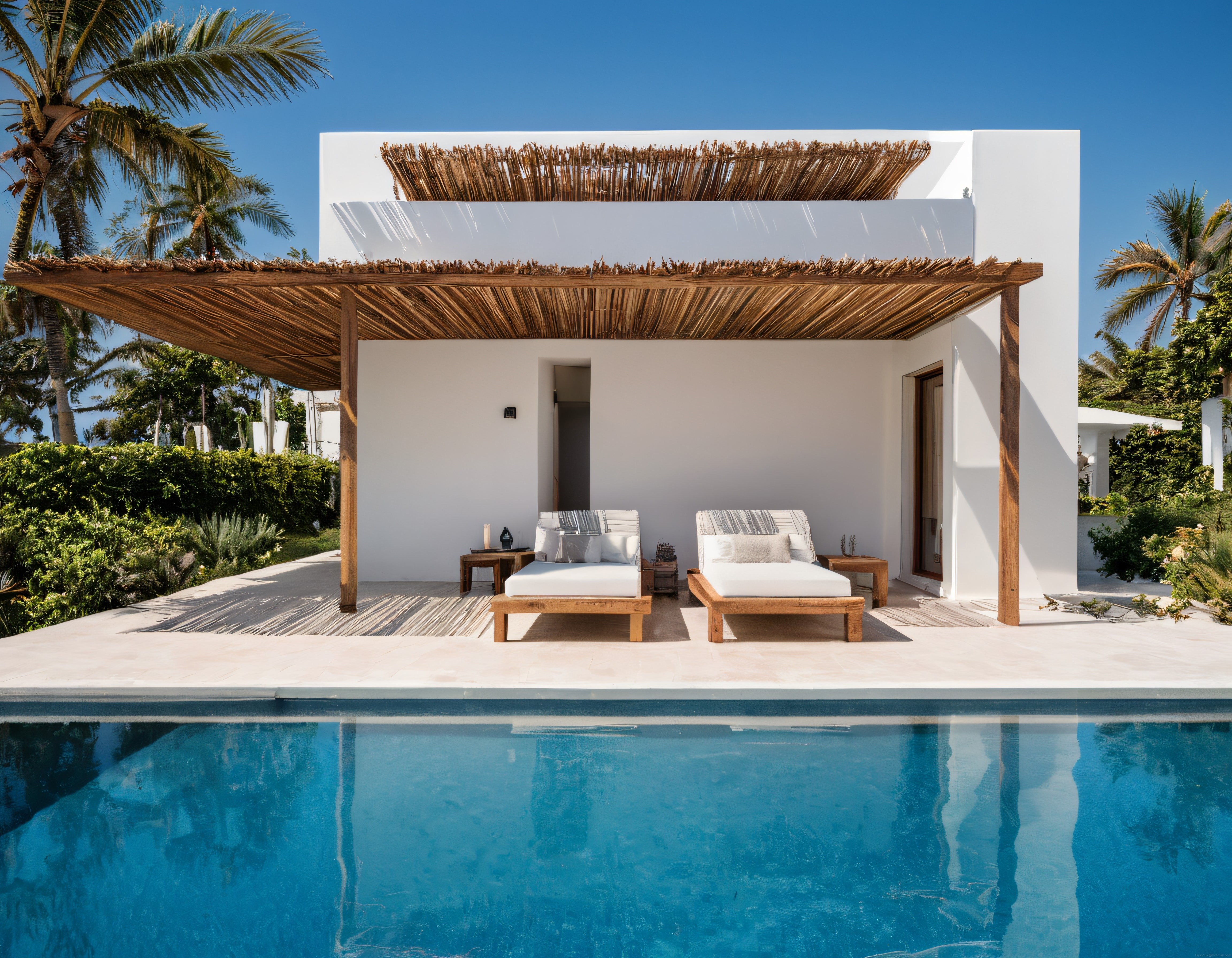 Havuz başında bambu detaylı modern beyaz tatil villası ve palmiye manzarası