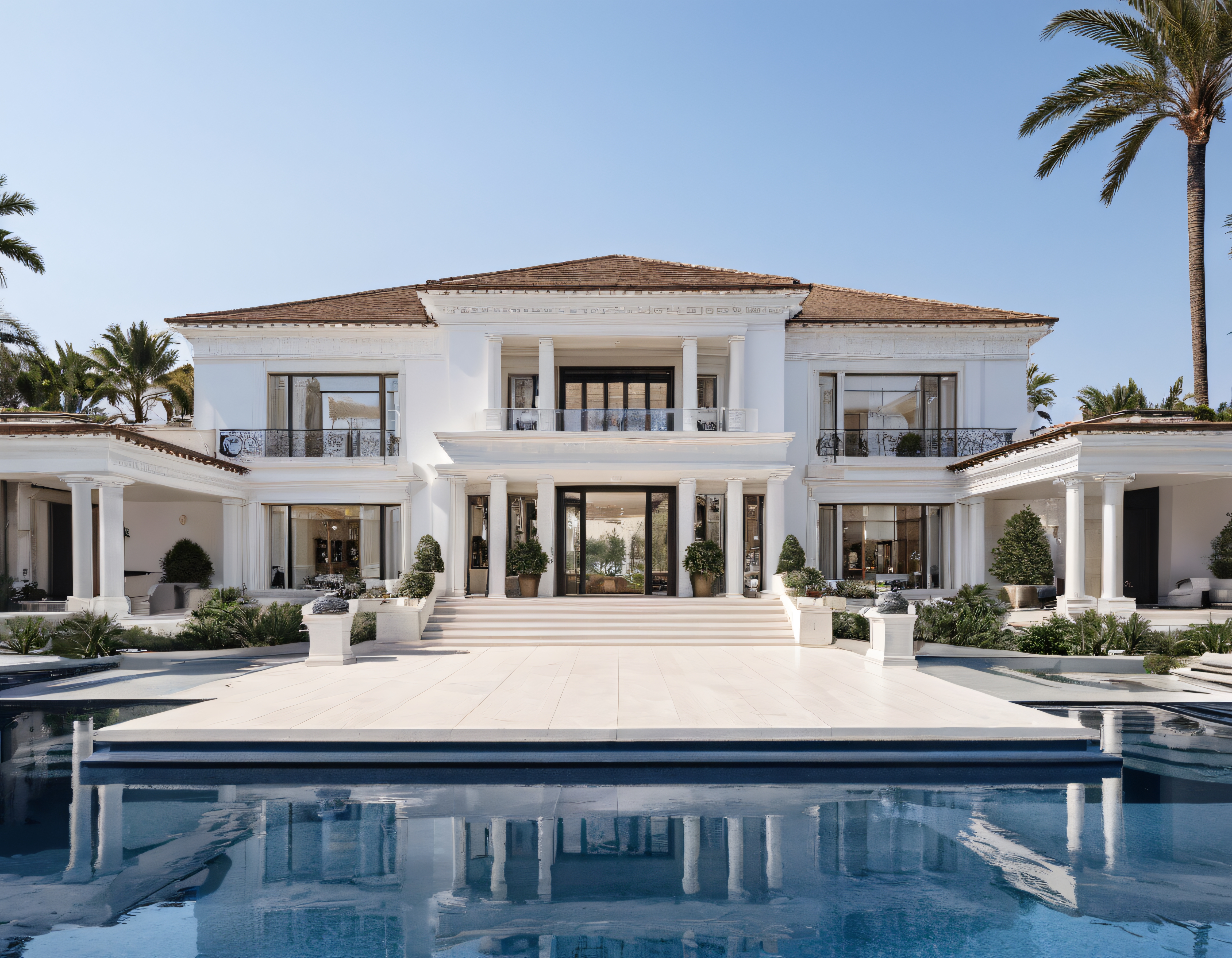 Havuz Başında Beyaz Sütunlu Lüks Villa ve Mükemmel Akdeniz Manzarası