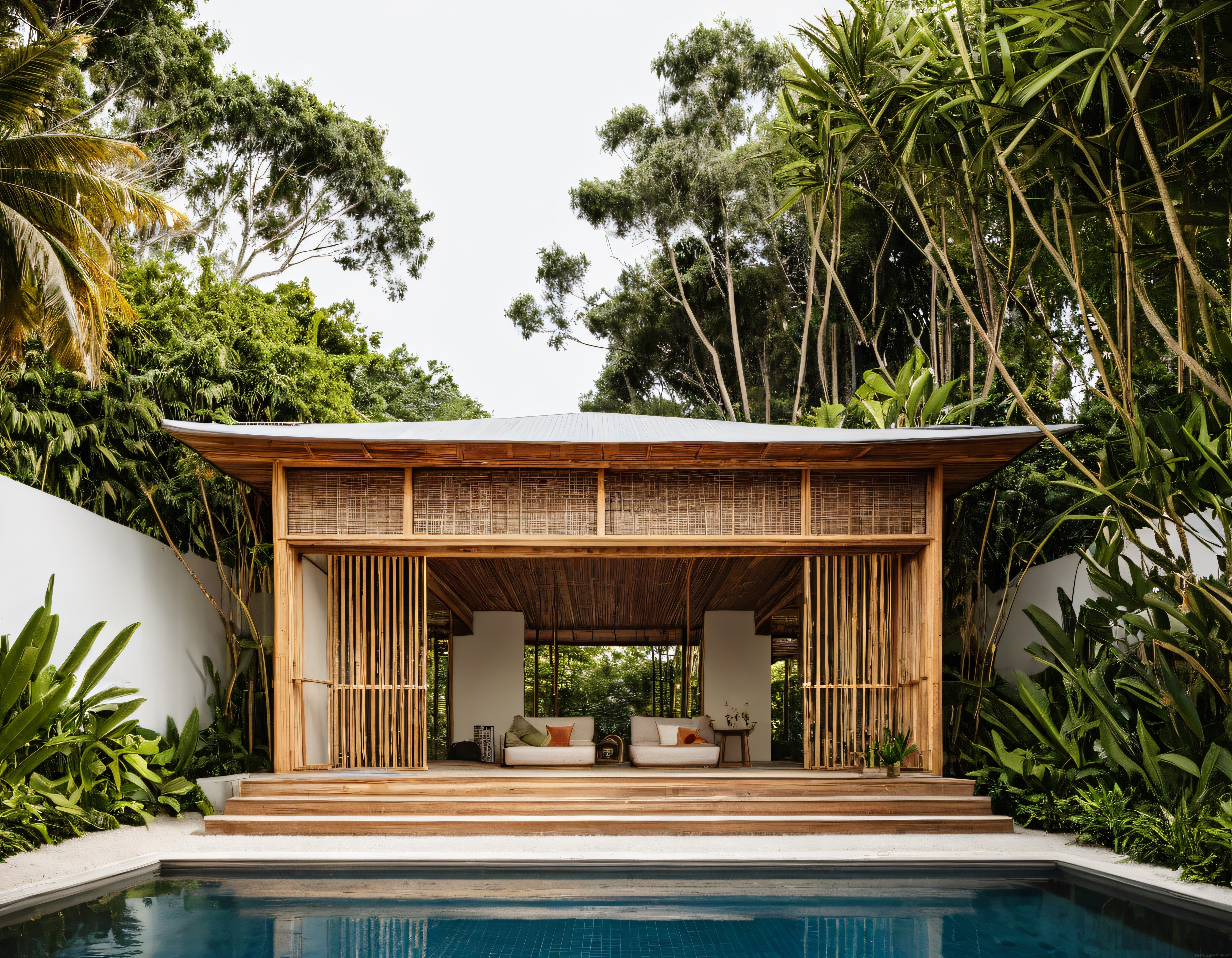 Havuz Başında Tropik Bahçe İçinde Bambu Detaylı Modern Mimari Villa