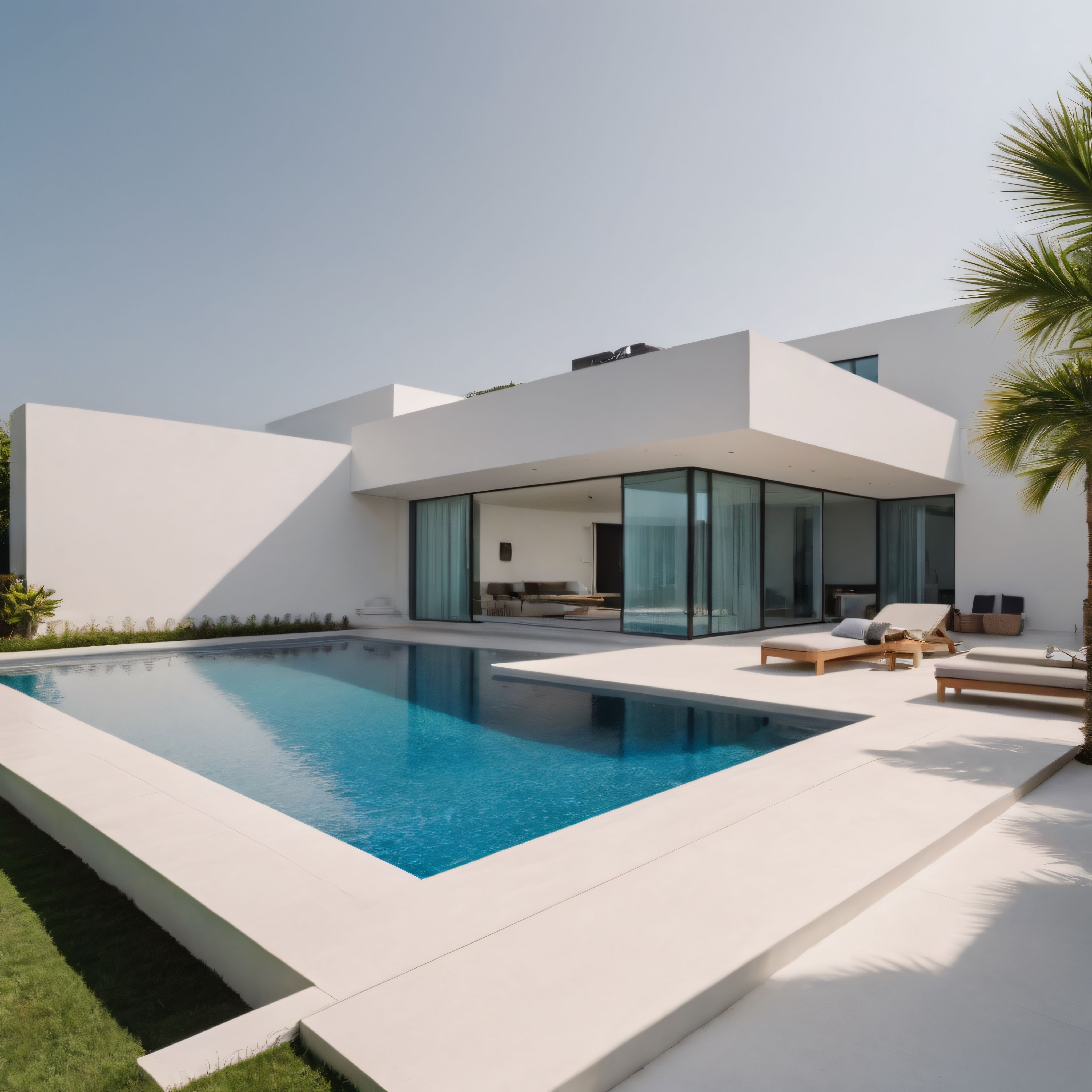 Havuzlu beyaz modern villa: güneş ışığında parlayan minimalist lüks mimari