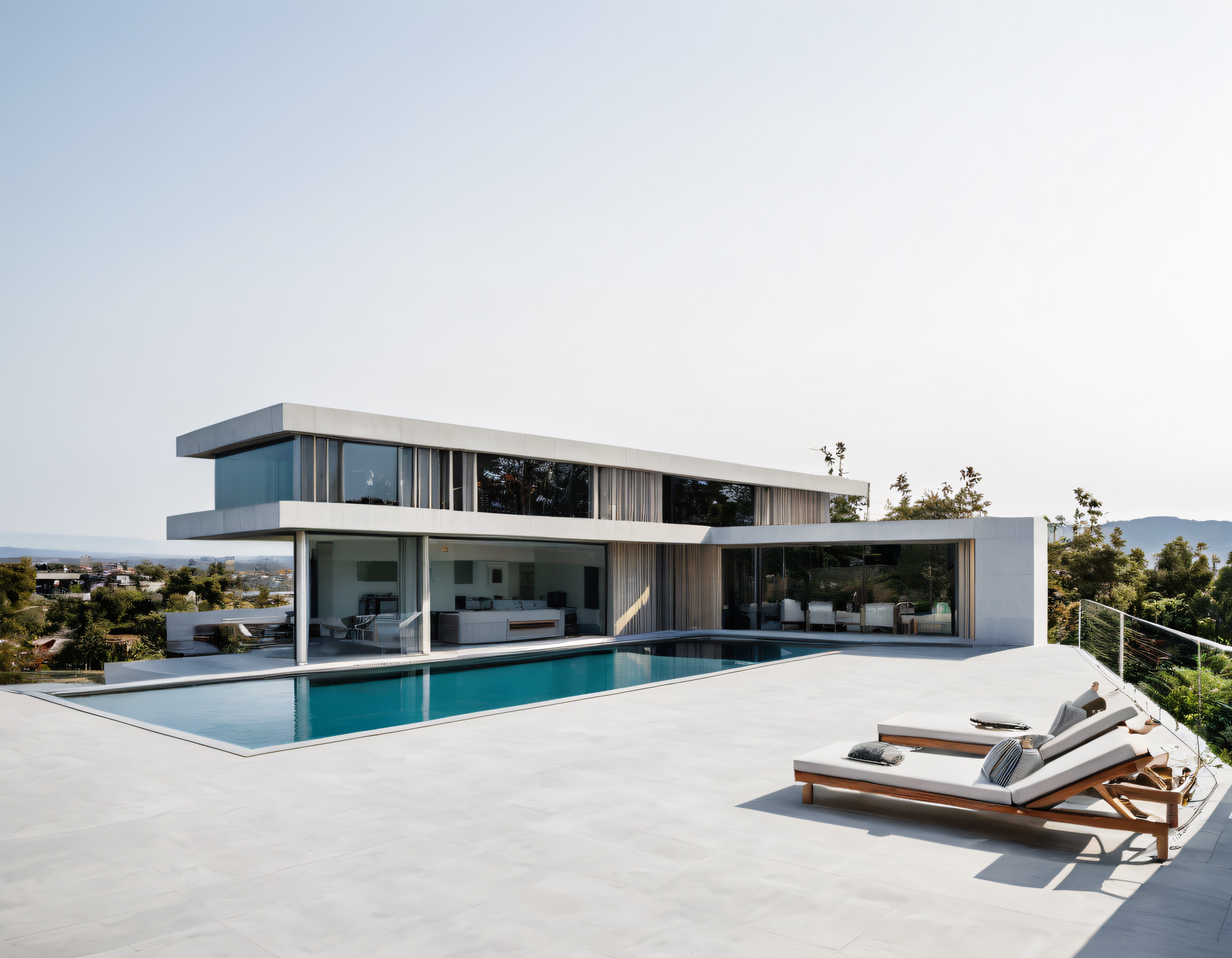 Havuzlu modern villa ve şezlonglarla lüks dağ manzaralı minimal konut tasarımı