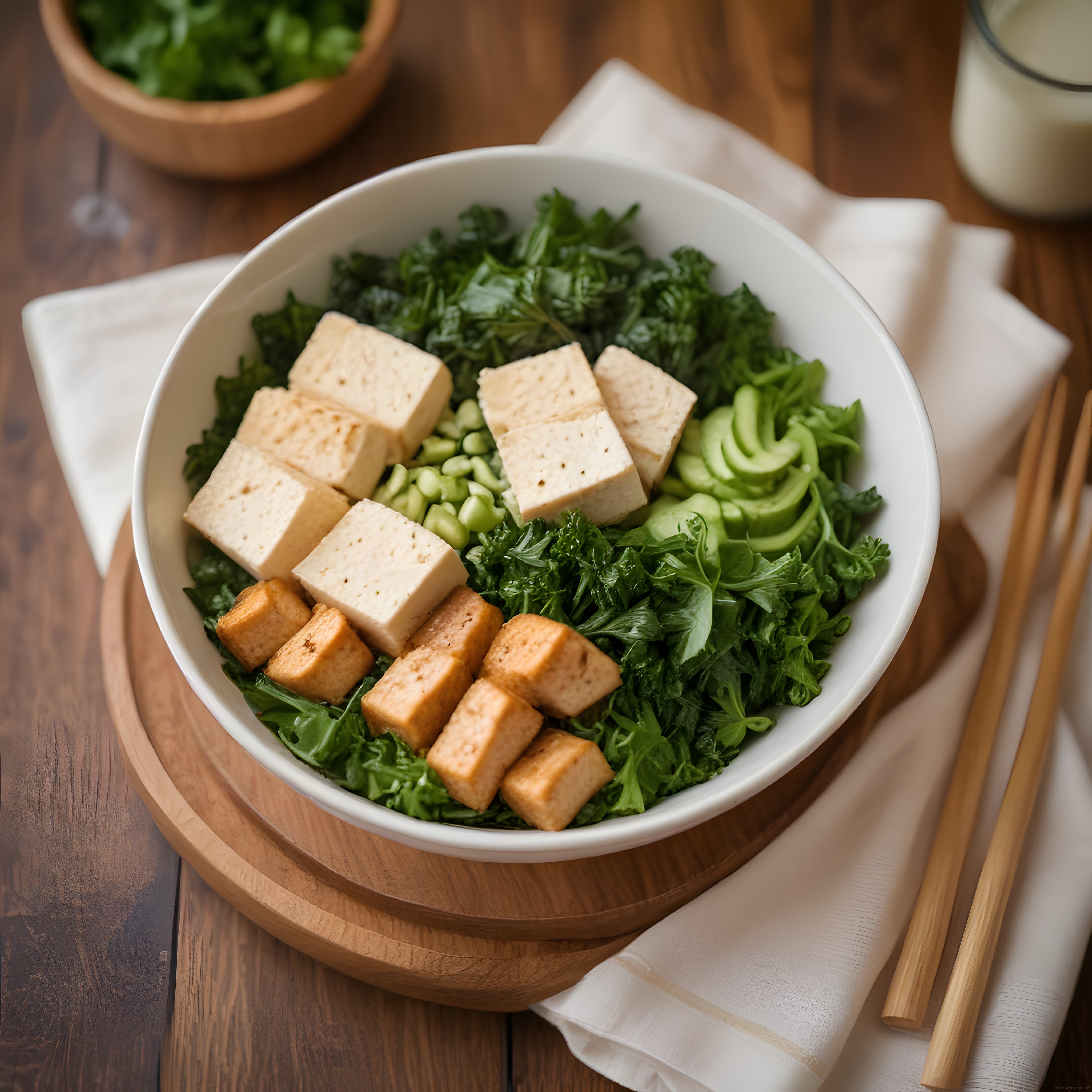 Hem çiğ hem kızarmış tofu küpleriyle zenginleştirilmiş yeşil salata kasesi sunumu