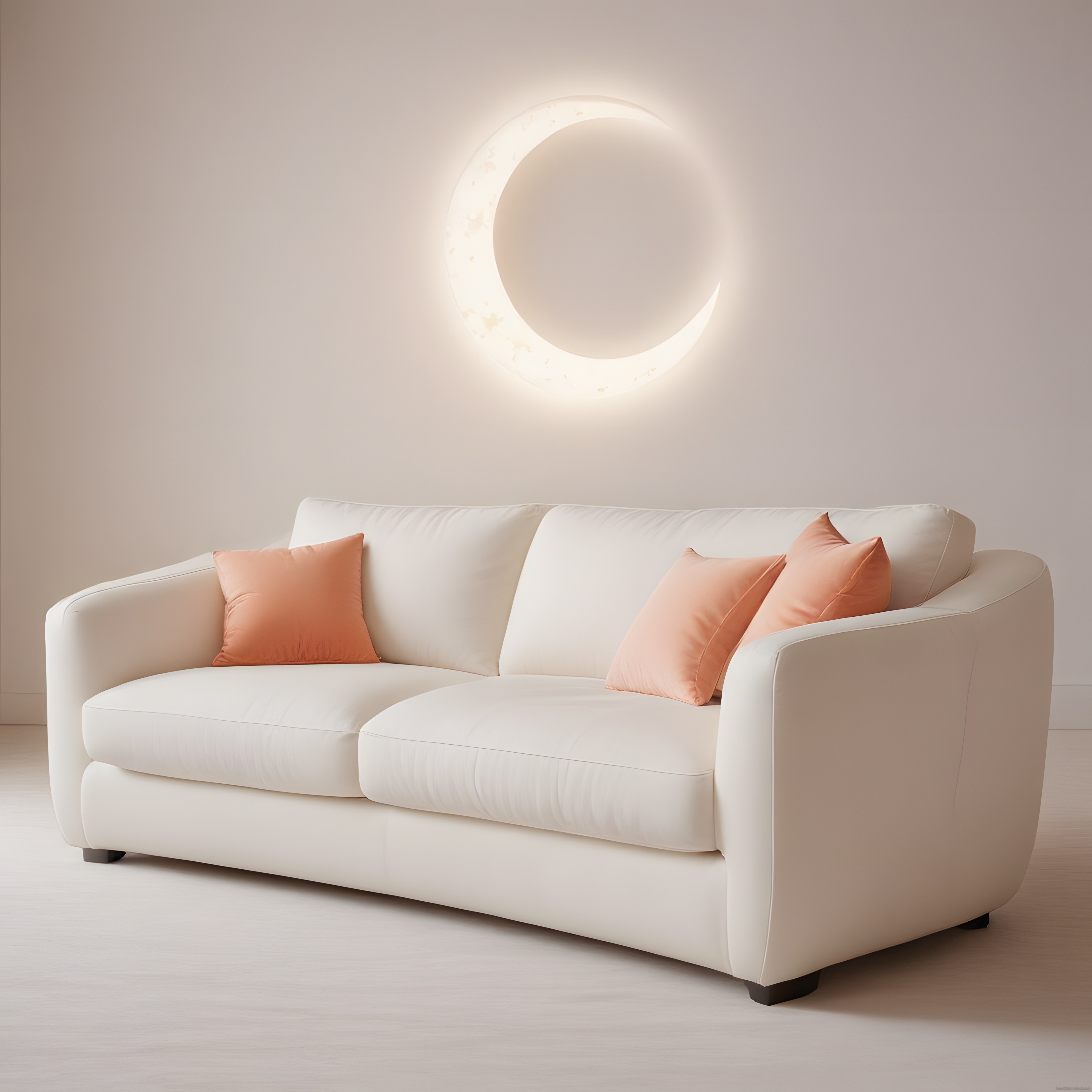 Hilal Aplik ve Krem Kanepe ile Sıcak Minimalist Salon Dekorasyonu