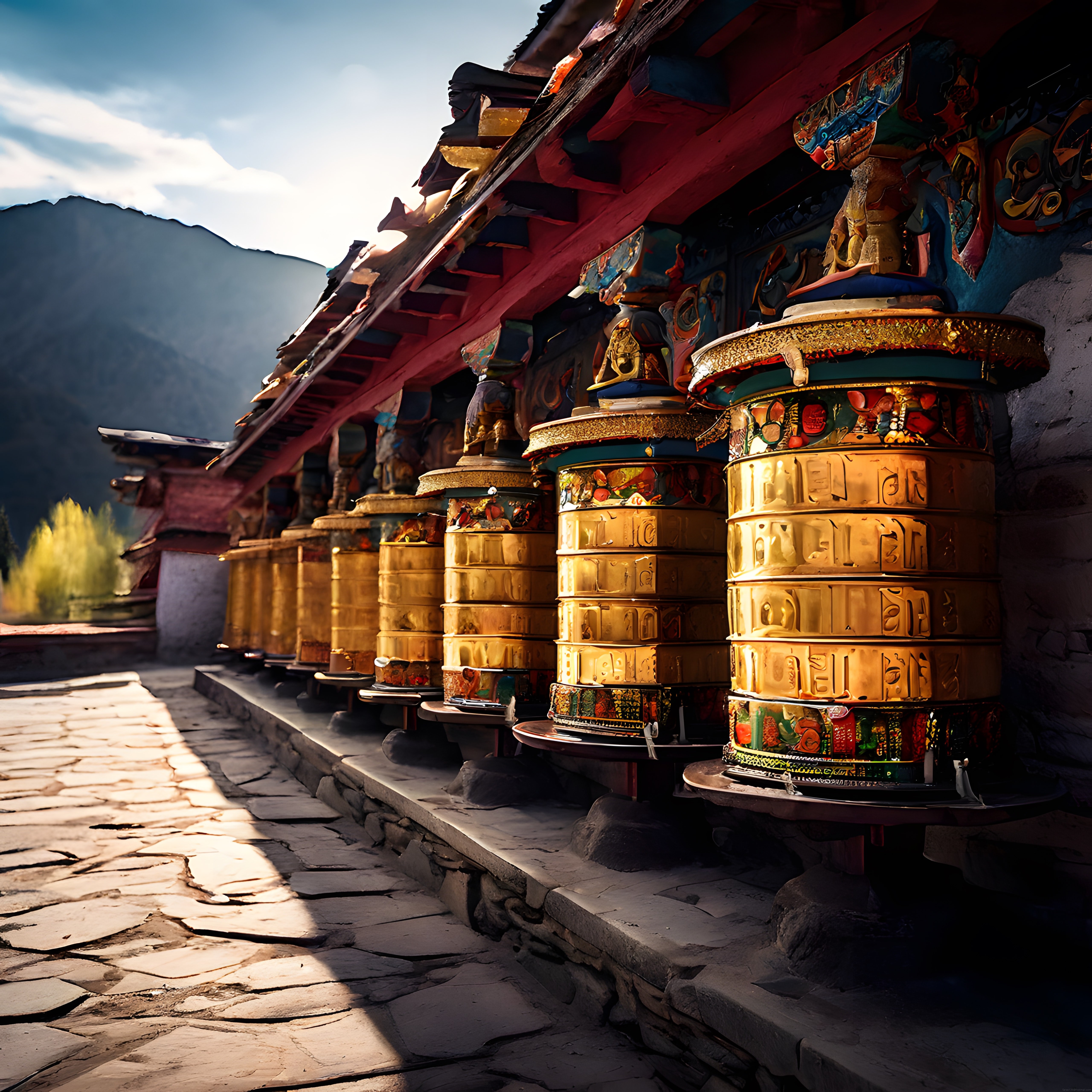 Himalayalar'da Geleneksel Altın Tibet Dua Çarkları ve Budist Tapınağı