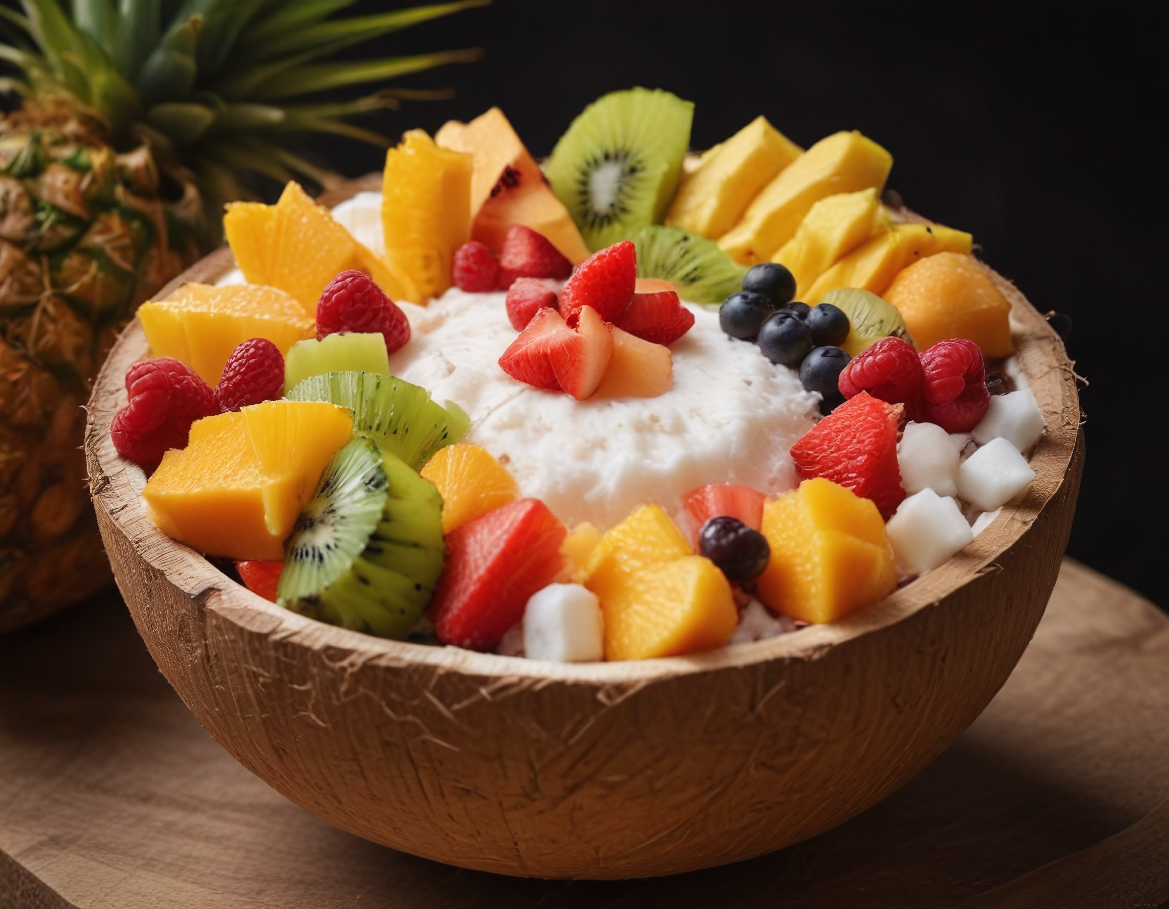 Hindistan Cevizi Kabında Tropikal Meyveli Renkli ve Sağlıklı Smoothie Bowl