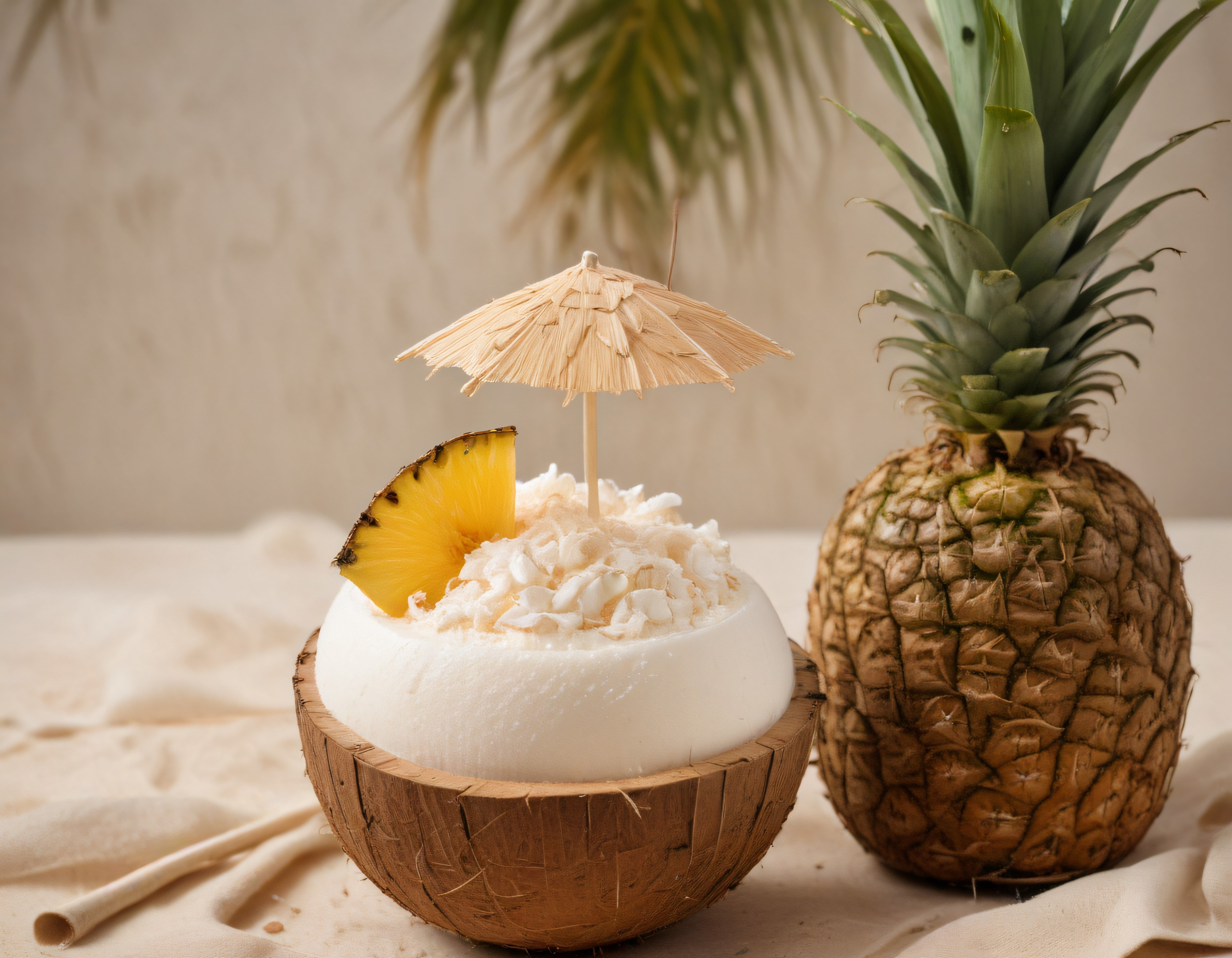 Hindistan cevizi kabuğunda tropikal dondurma sunumu ve ananas detayı