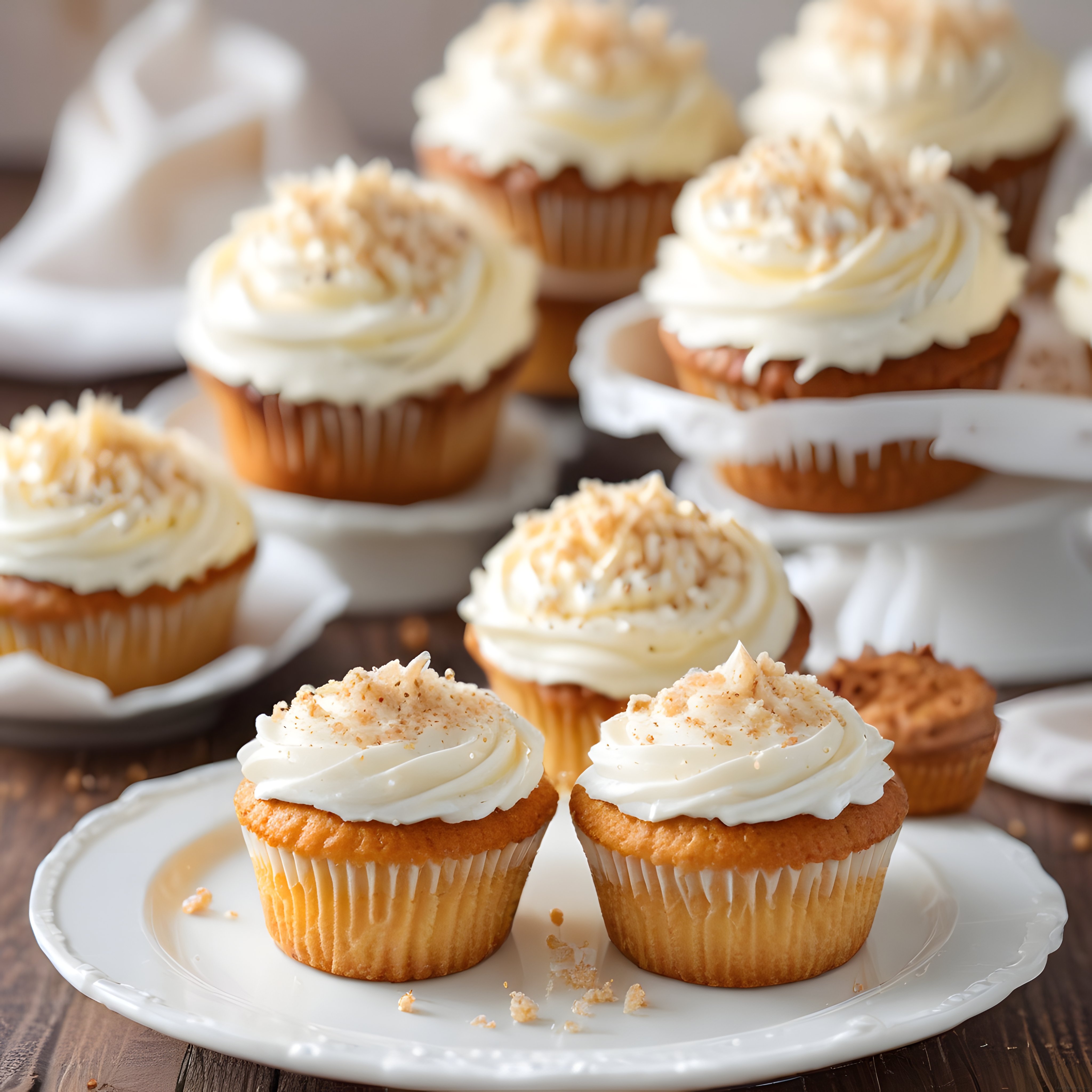 Hindistan Cevizi Serpilmiş Kremalı Cupcake'ler: Ahşap Masada Sıcak Tatlı Keyfi