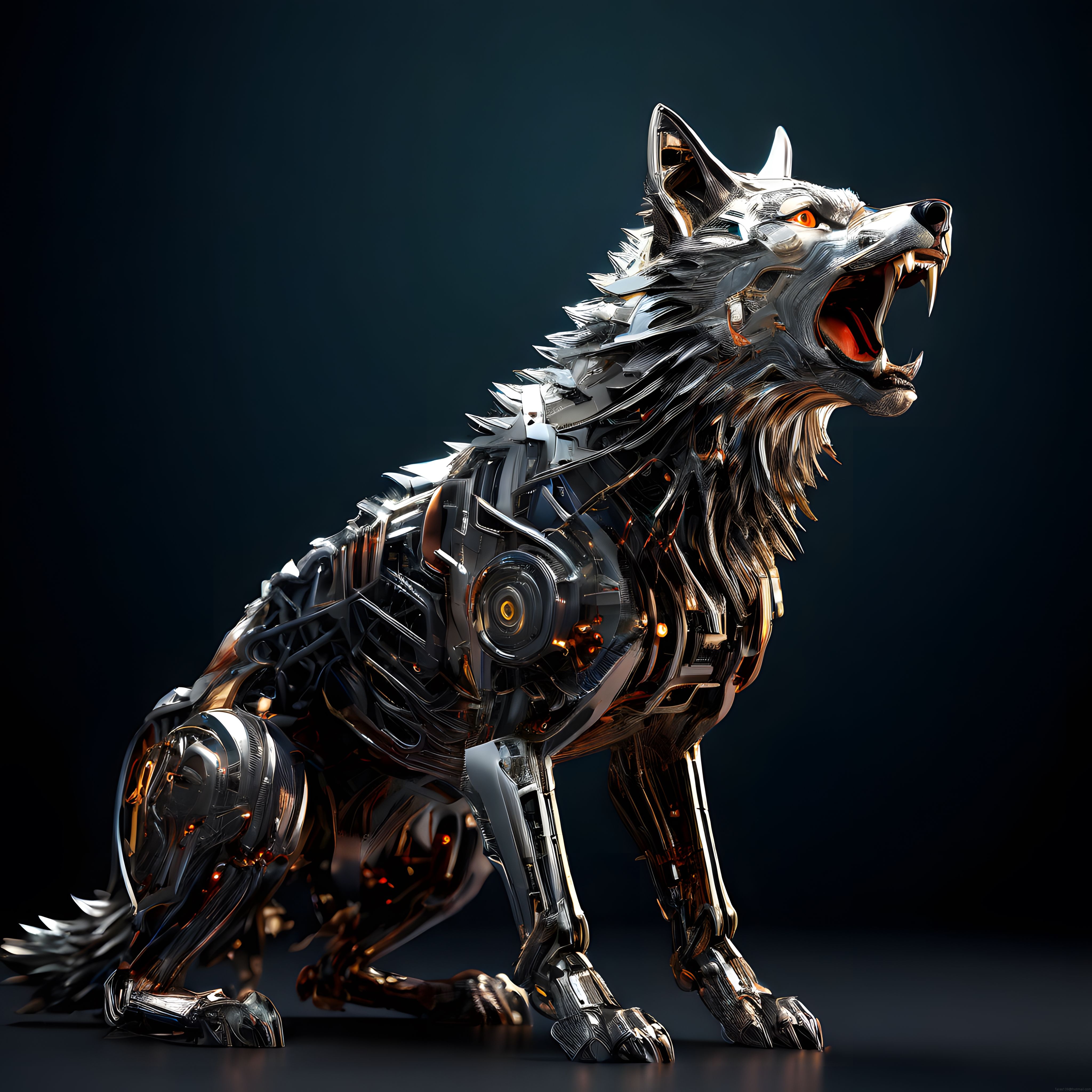 Hırlayan Metal Kurt Heykeli: Gelecekçi Mekanik Canavar ve Cyberpunk Tasarım