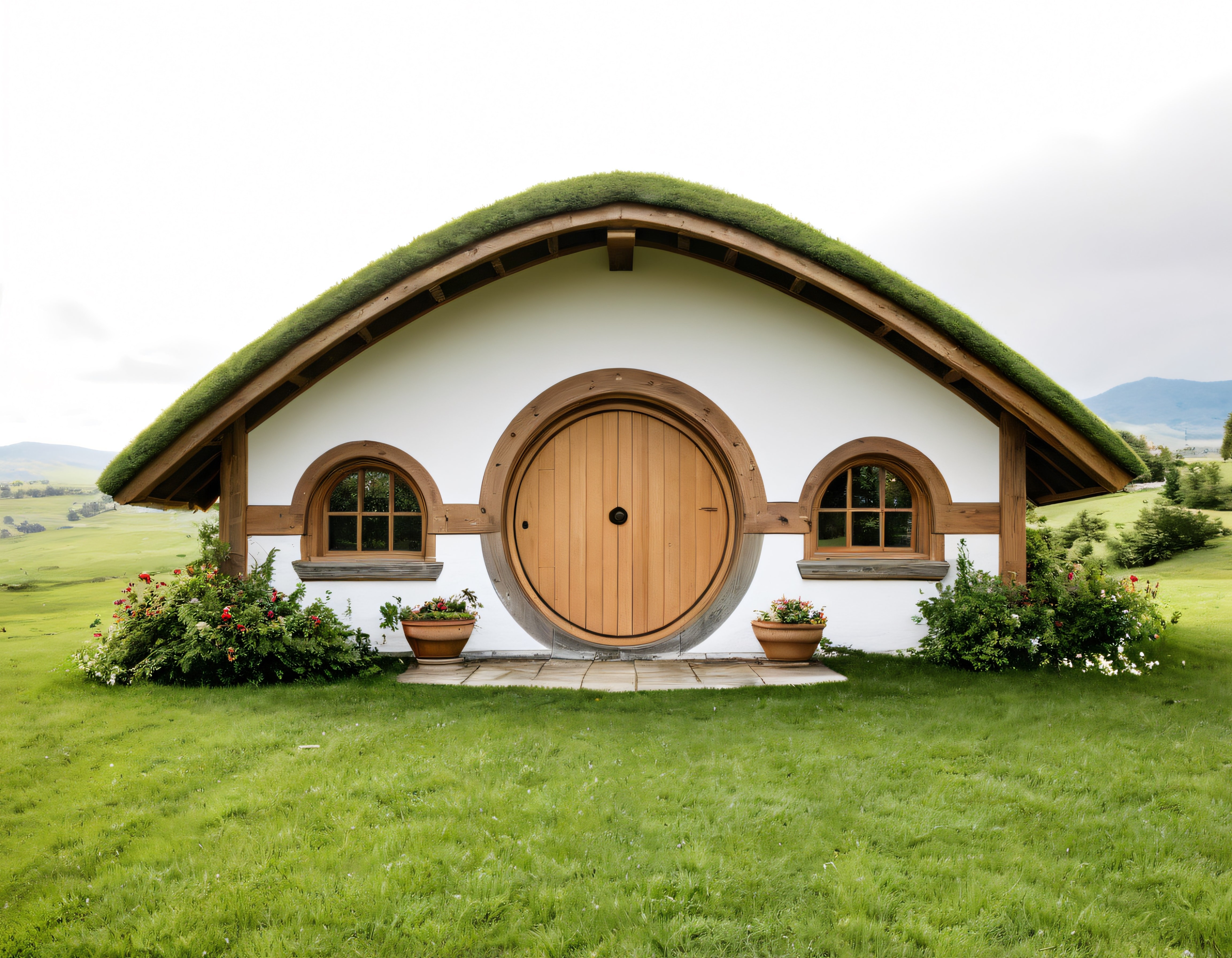 Hobbit Evi Tarzında Yuvarlak Kapılı Çim Çatılı Kırsal Bahçe Evi Ön Cephe