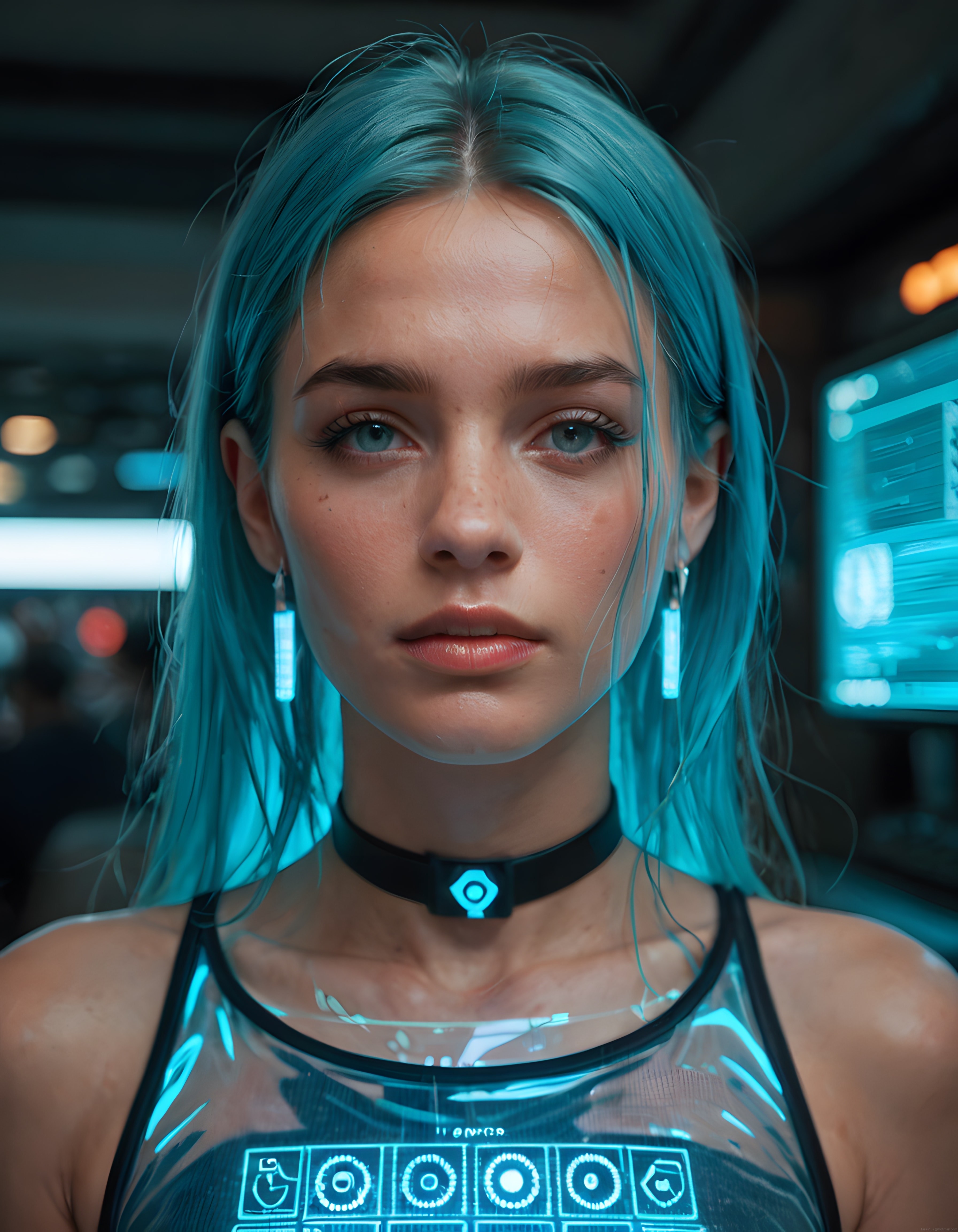 Holografik Arayüzlü Cyberpunk Kadın Portresi ve Buz Mavisi Neon Işıklar