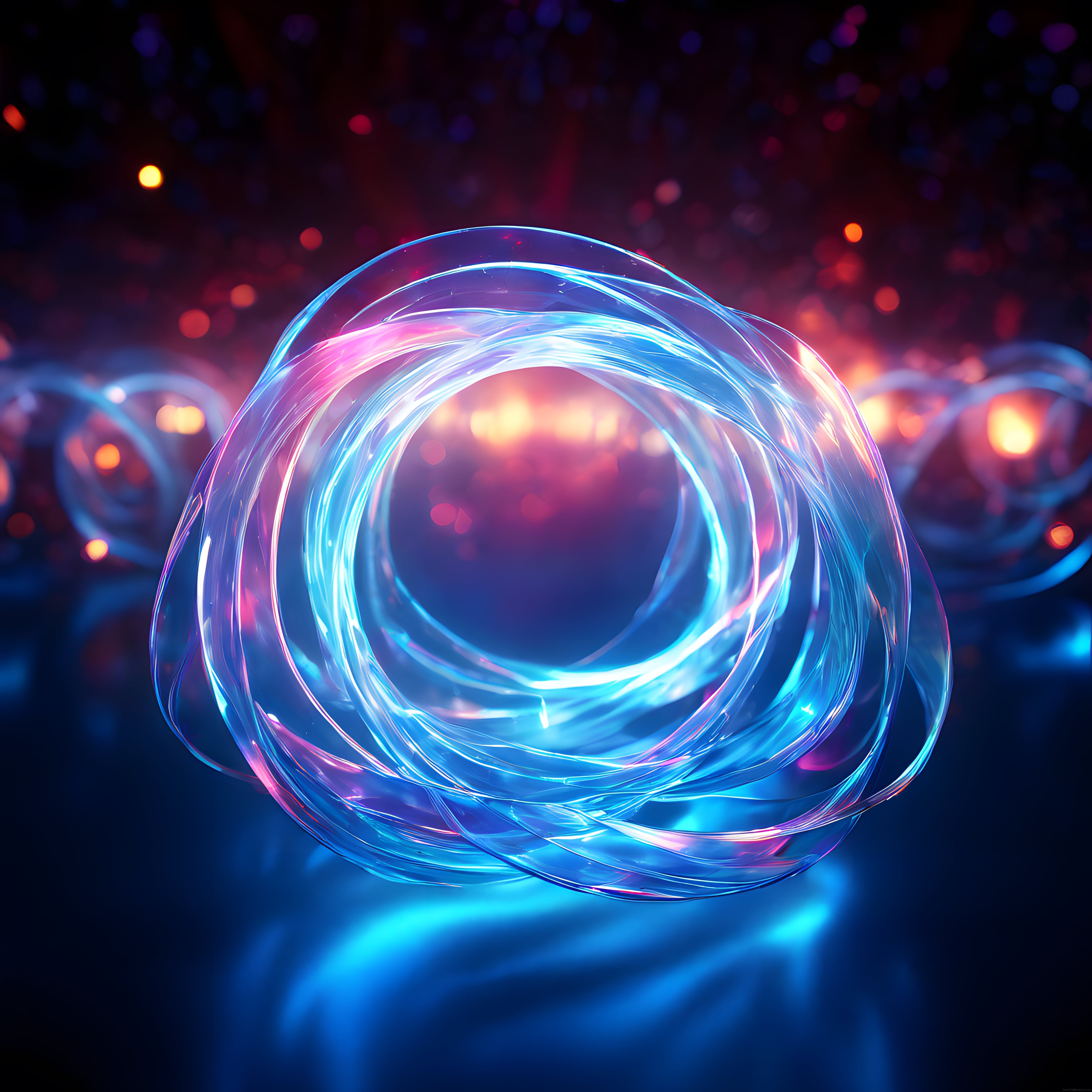 Holografik Işık Halkaları ve Neon Cam Küre: Soyut Dijital Sanat