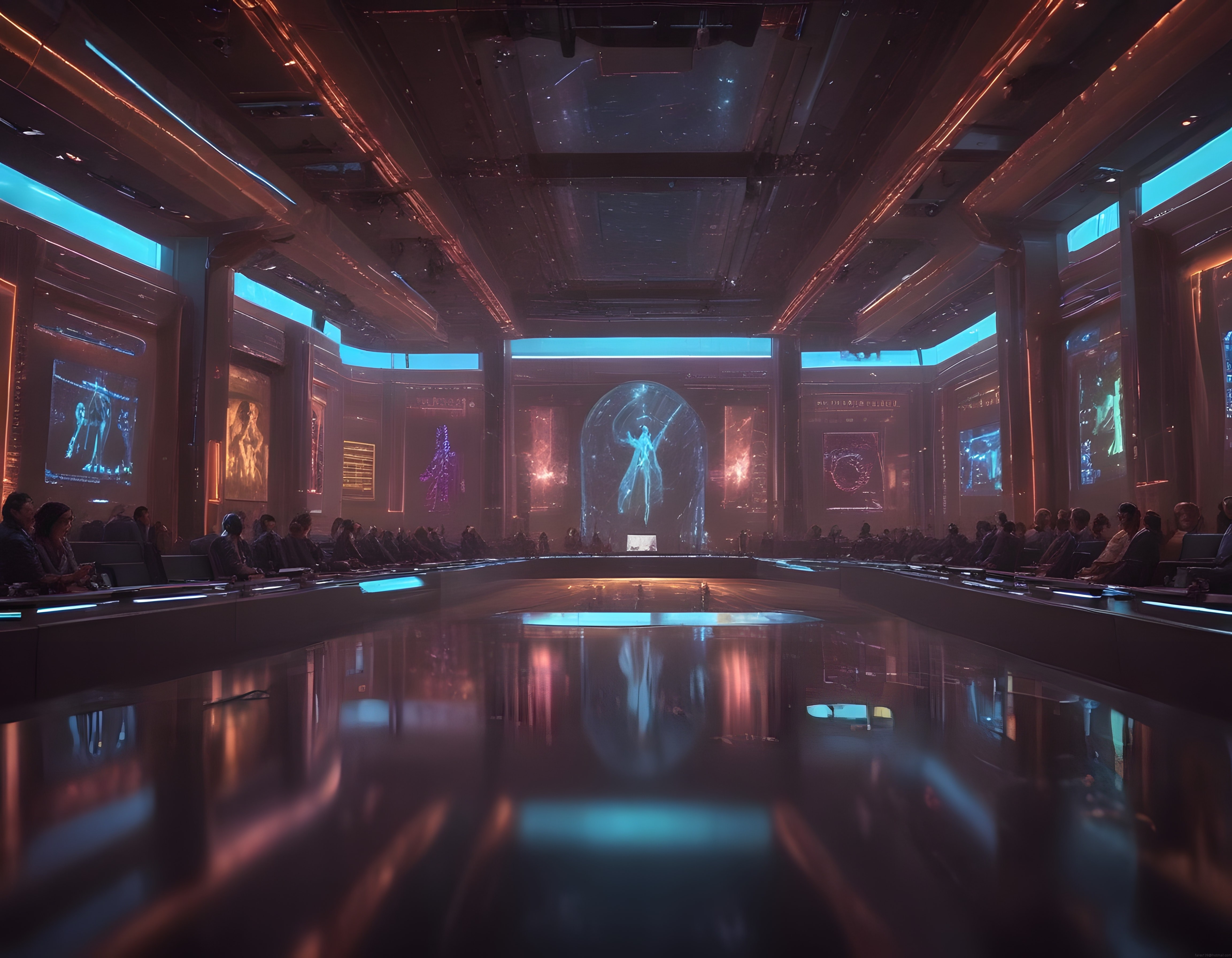 Holografik Konuşmacılı Geleceğin Teknoloji Zirvesi ve Neon Işıklı Salon