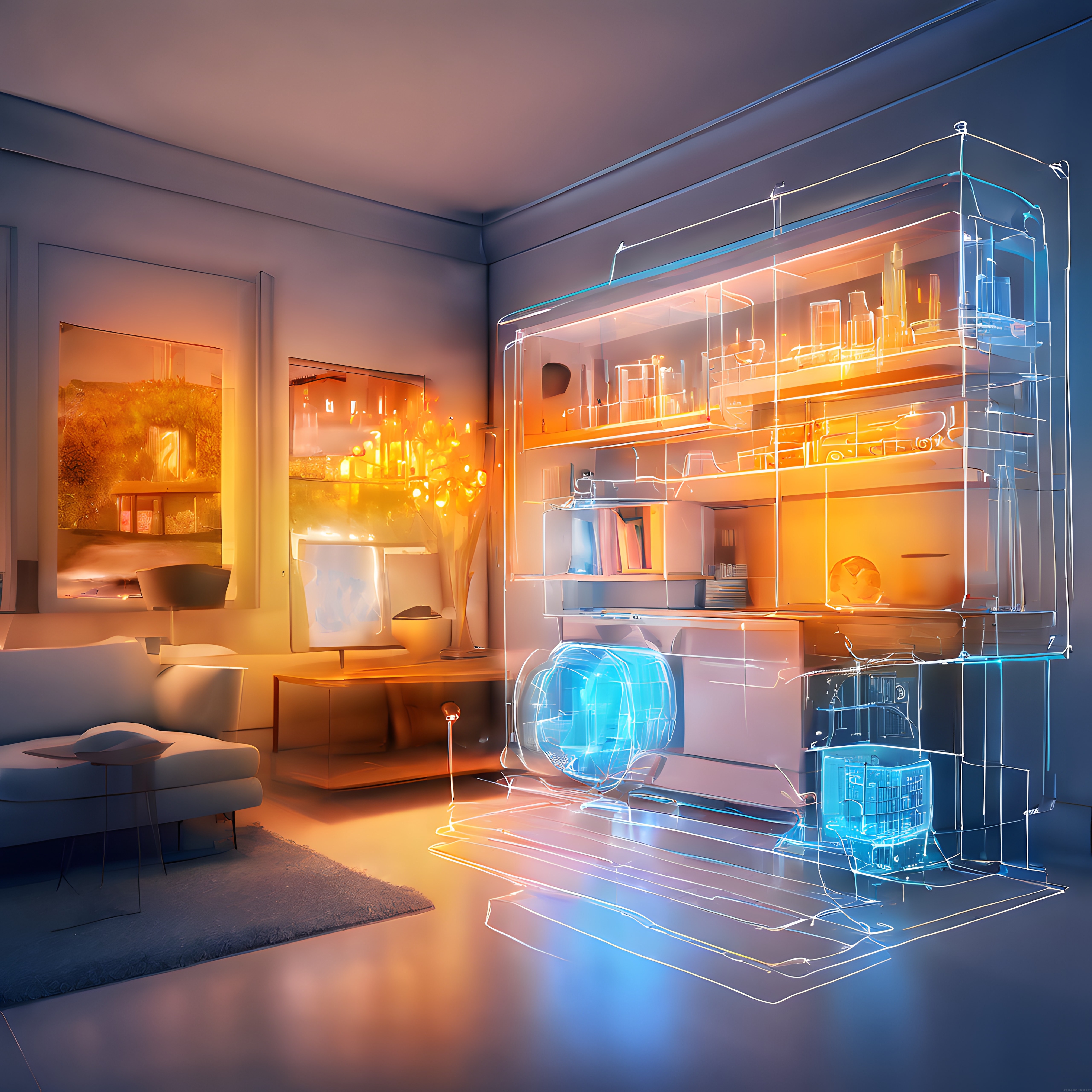 Holografik Neon Işıklarla Süslenmiş Modern Salon ve Teknolojik İç Mekan