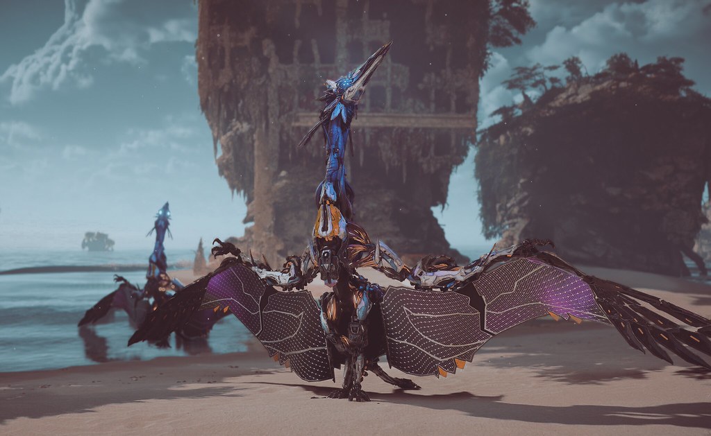horizon forbidden west kumsalındaki mekanik kuşlar ve devasa uçan kaya adaları