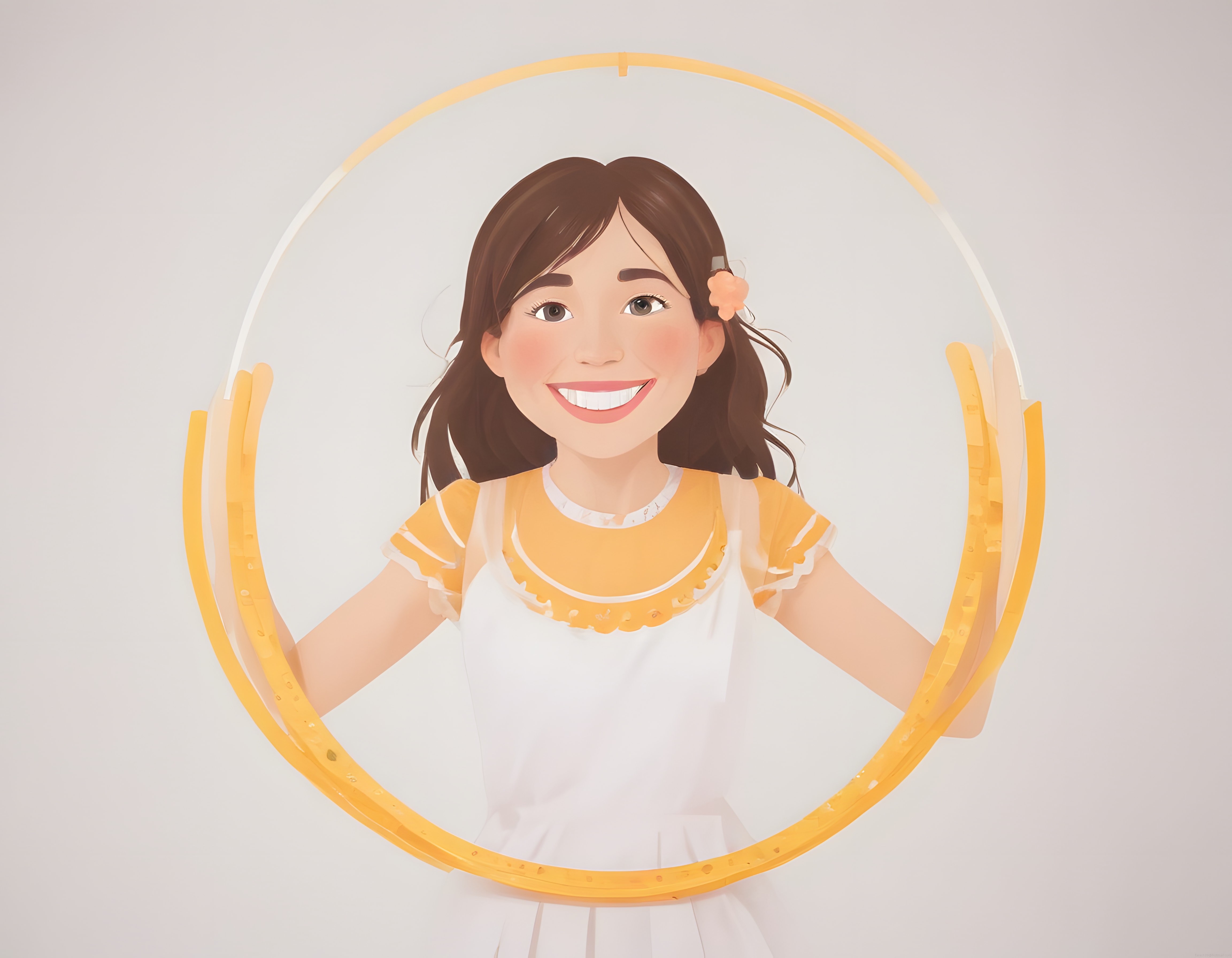 Hula Hoop Tutan Neşeli 3B Animasyon Kız Karakteri ve Sarı Beyaz Elbise